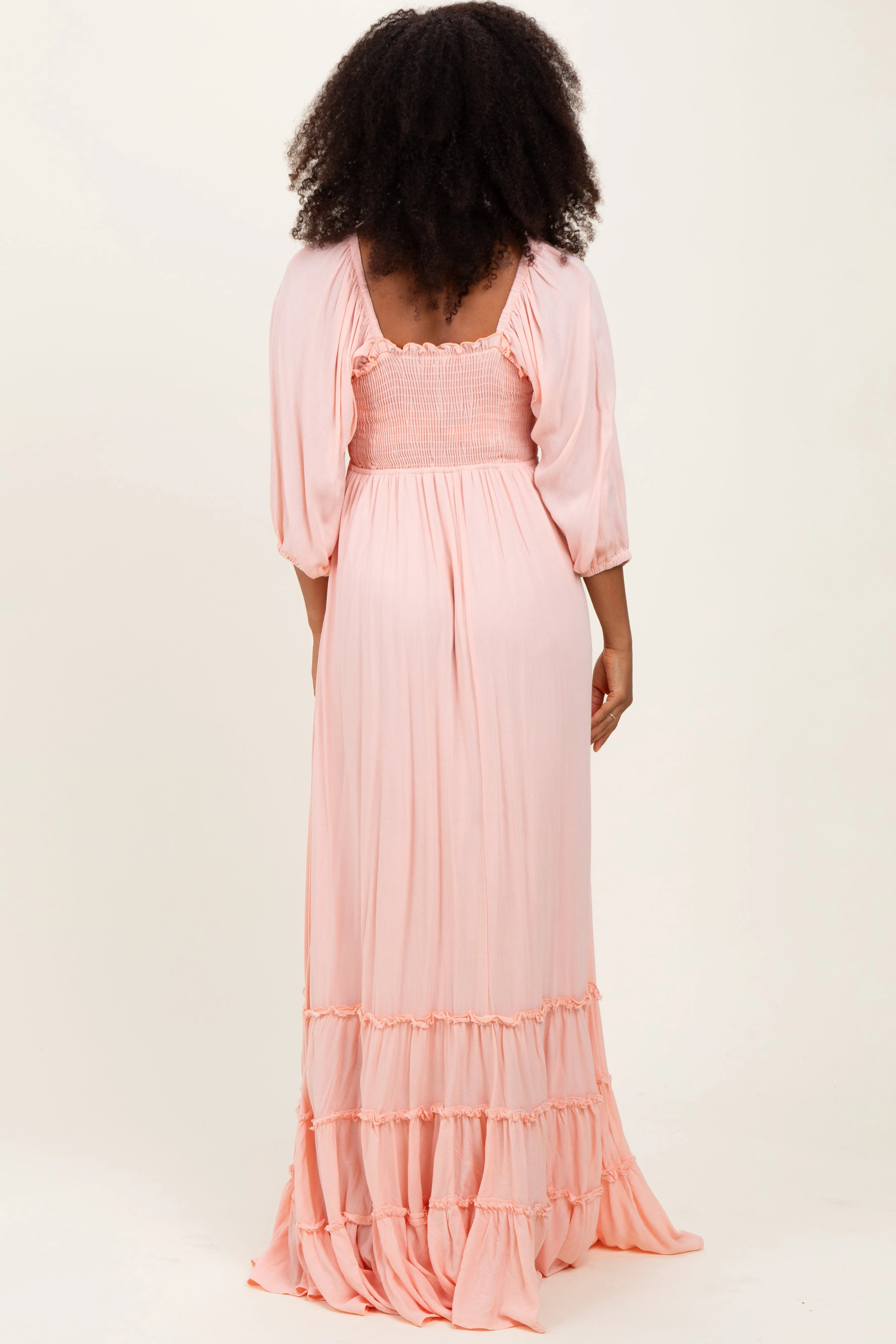 Light Pink Solid 3/4 Sleeve Smocked Top Tiered Maxi Dress sold by Pinkblush product image thumbnail 4