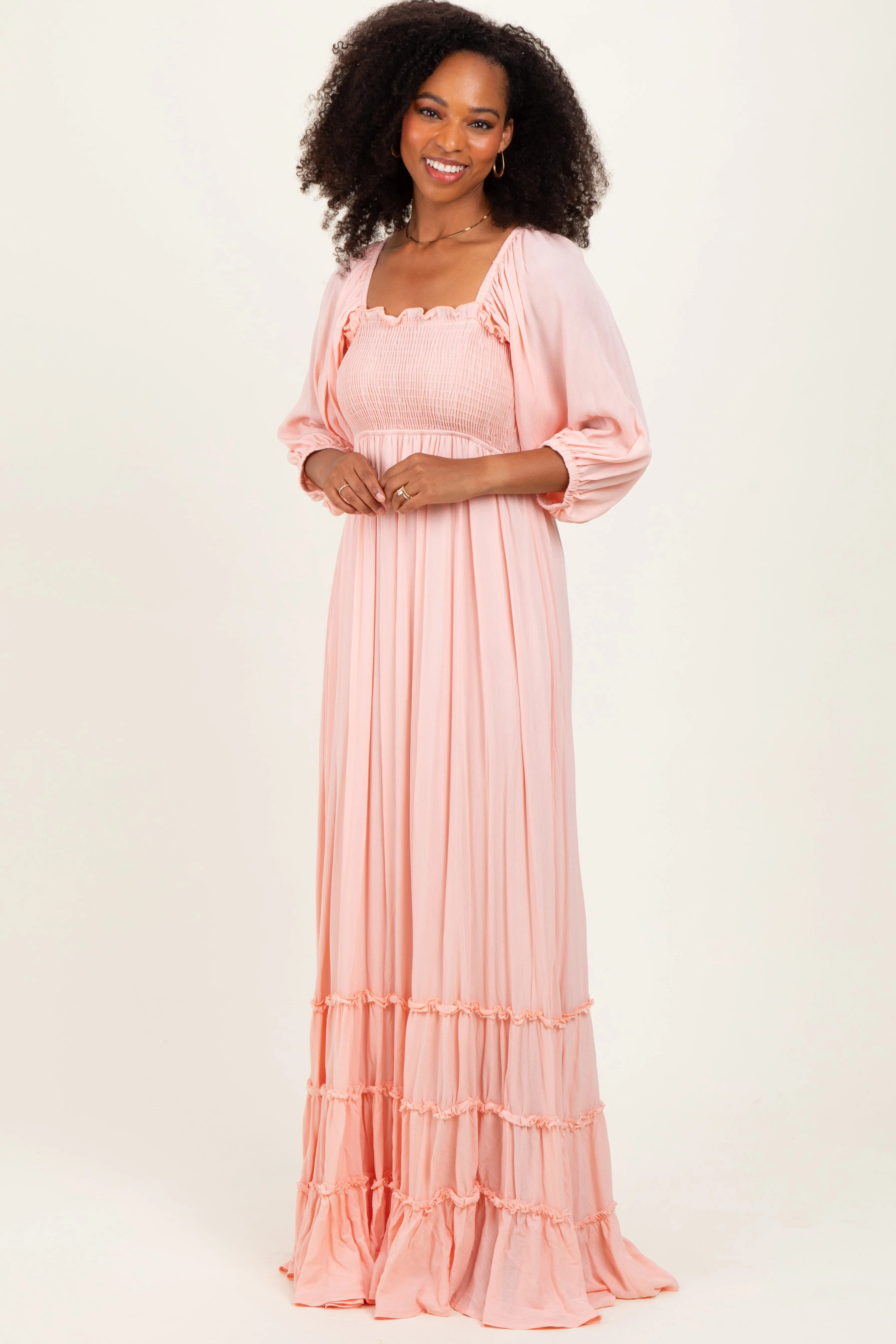 Light Pink Solid 3/4 Sleeve Smocked Top Tiered Maxi Dress sold by Pinkblush