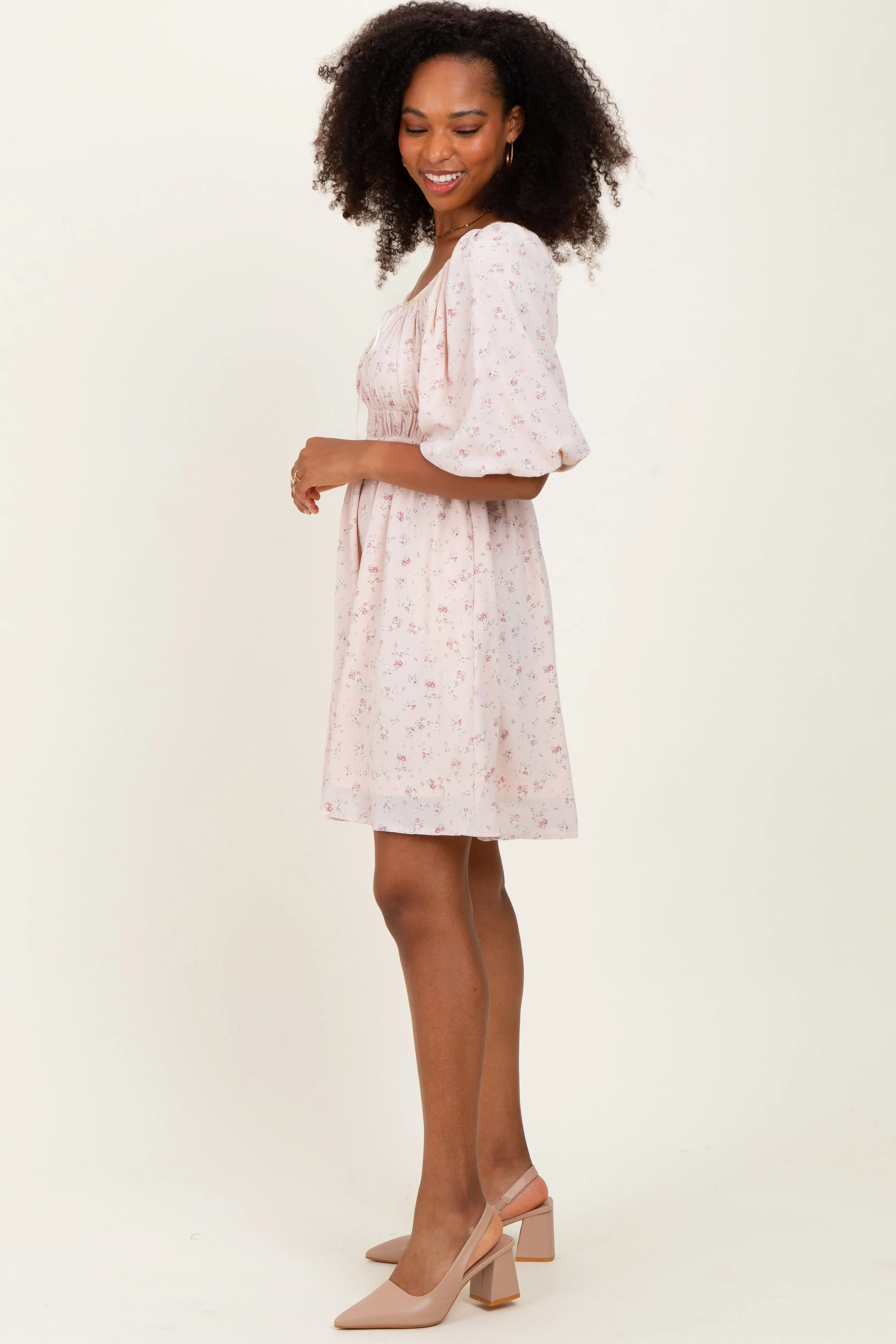 Cream Floral Square Neck Bubble Sleeve Dress sold by Pinkblush product image thumbnail 3