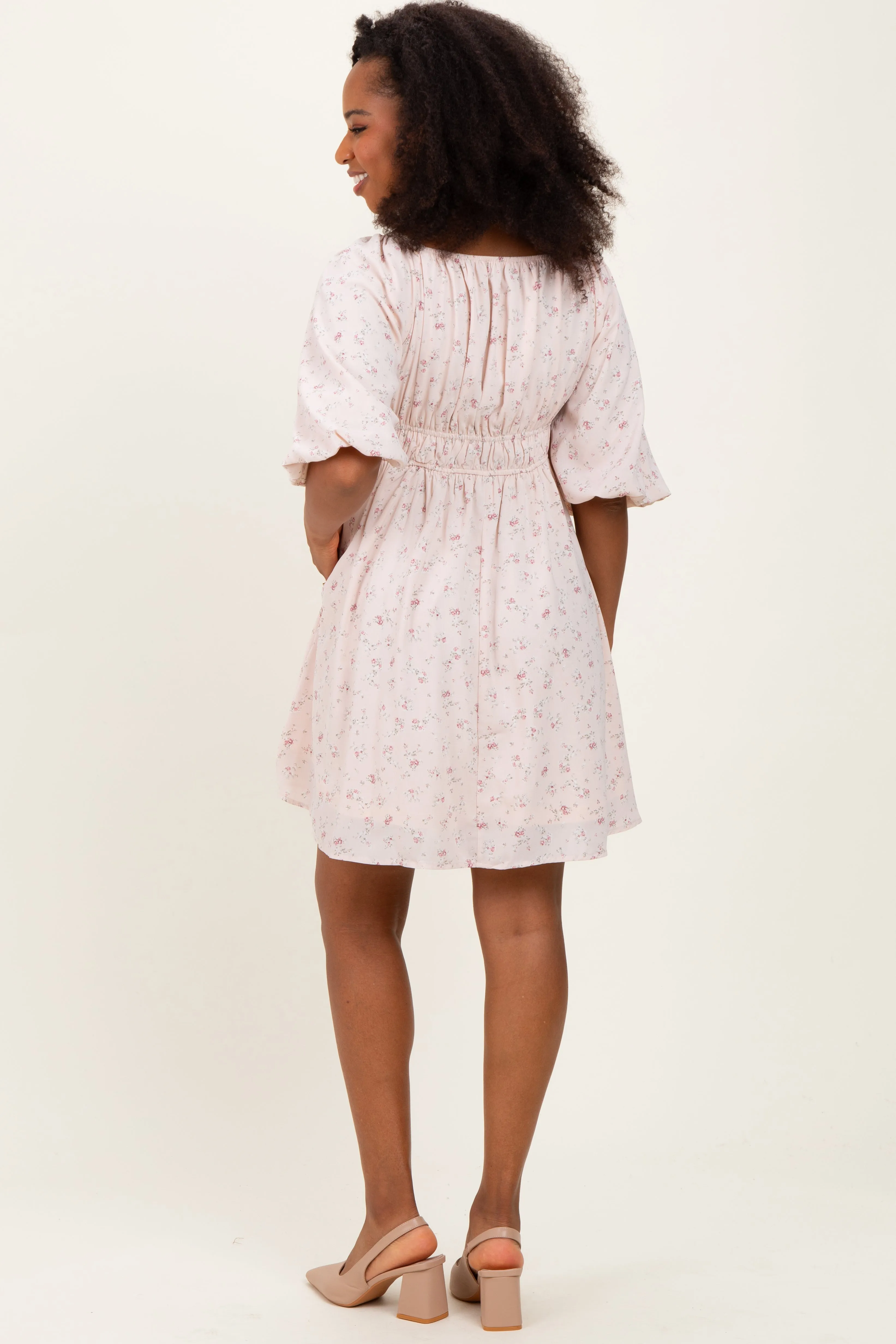 Cream Floral Square Neck Bubble Sleeve Dress sold by Pinkblush product image thumbnail 4