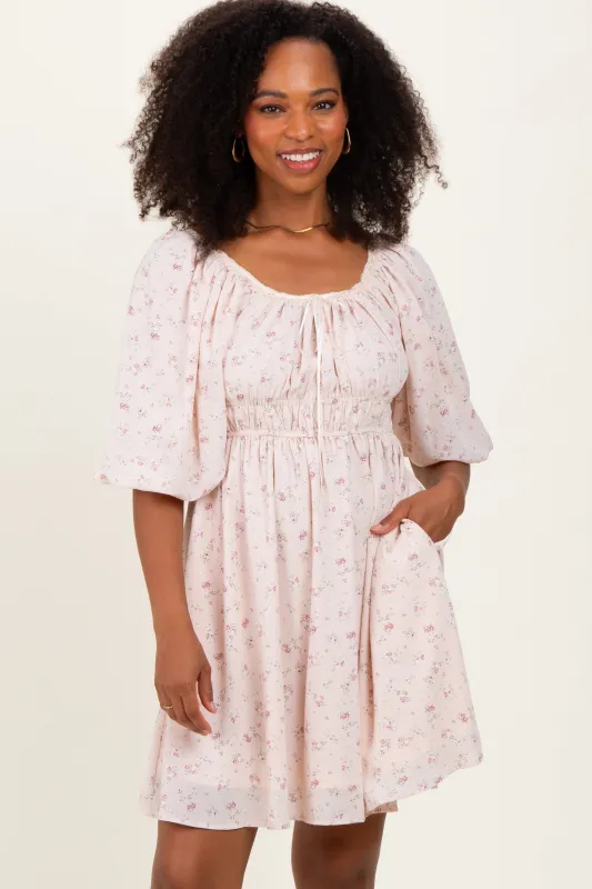 Cream Floral Square Neck Bubble Sleeve Dress sold by Pinkblush
