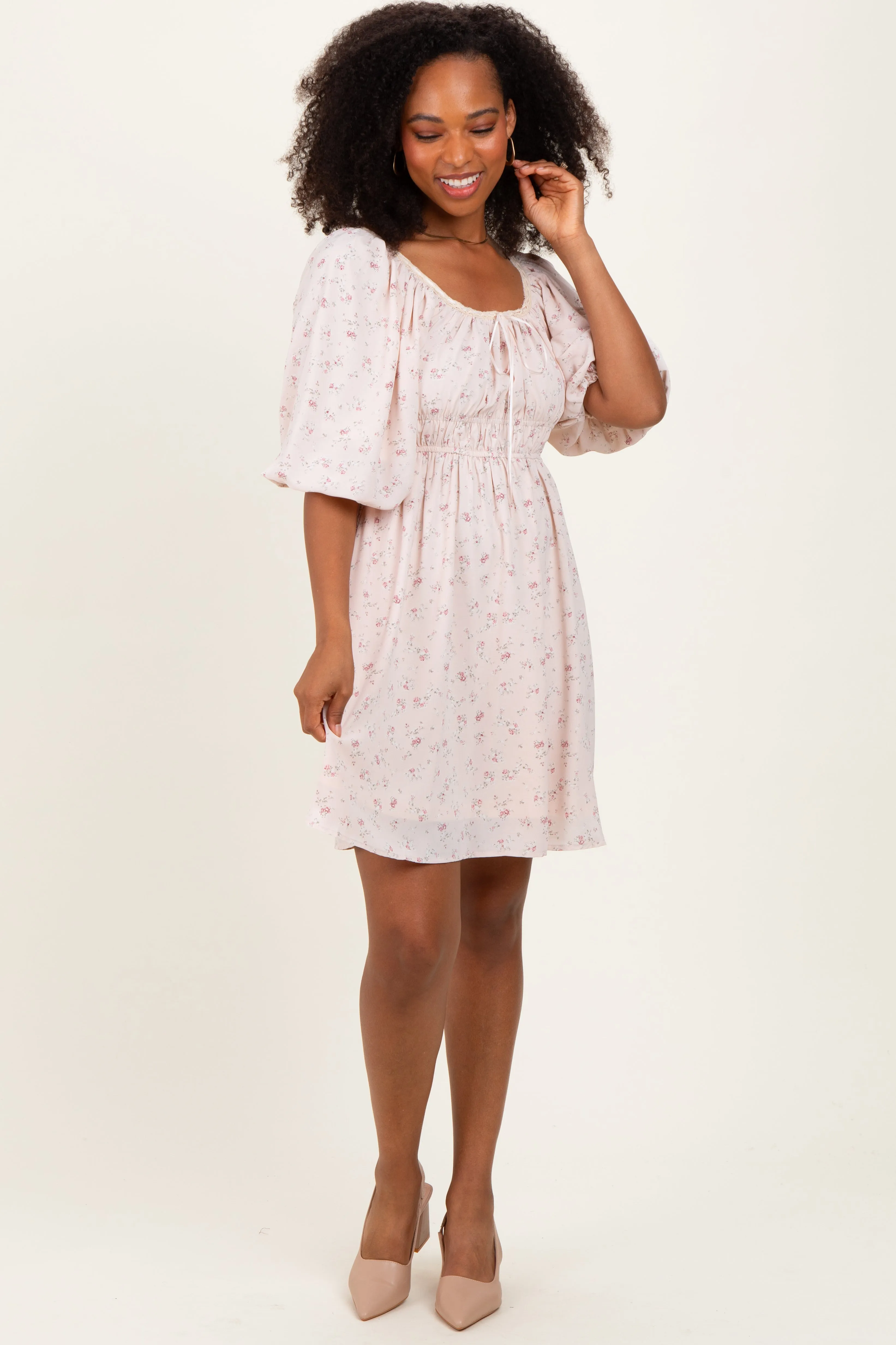 Cream Floral Square Neck Bubble Sleeve Dress sold by Pinkblush product image thumbnail 2