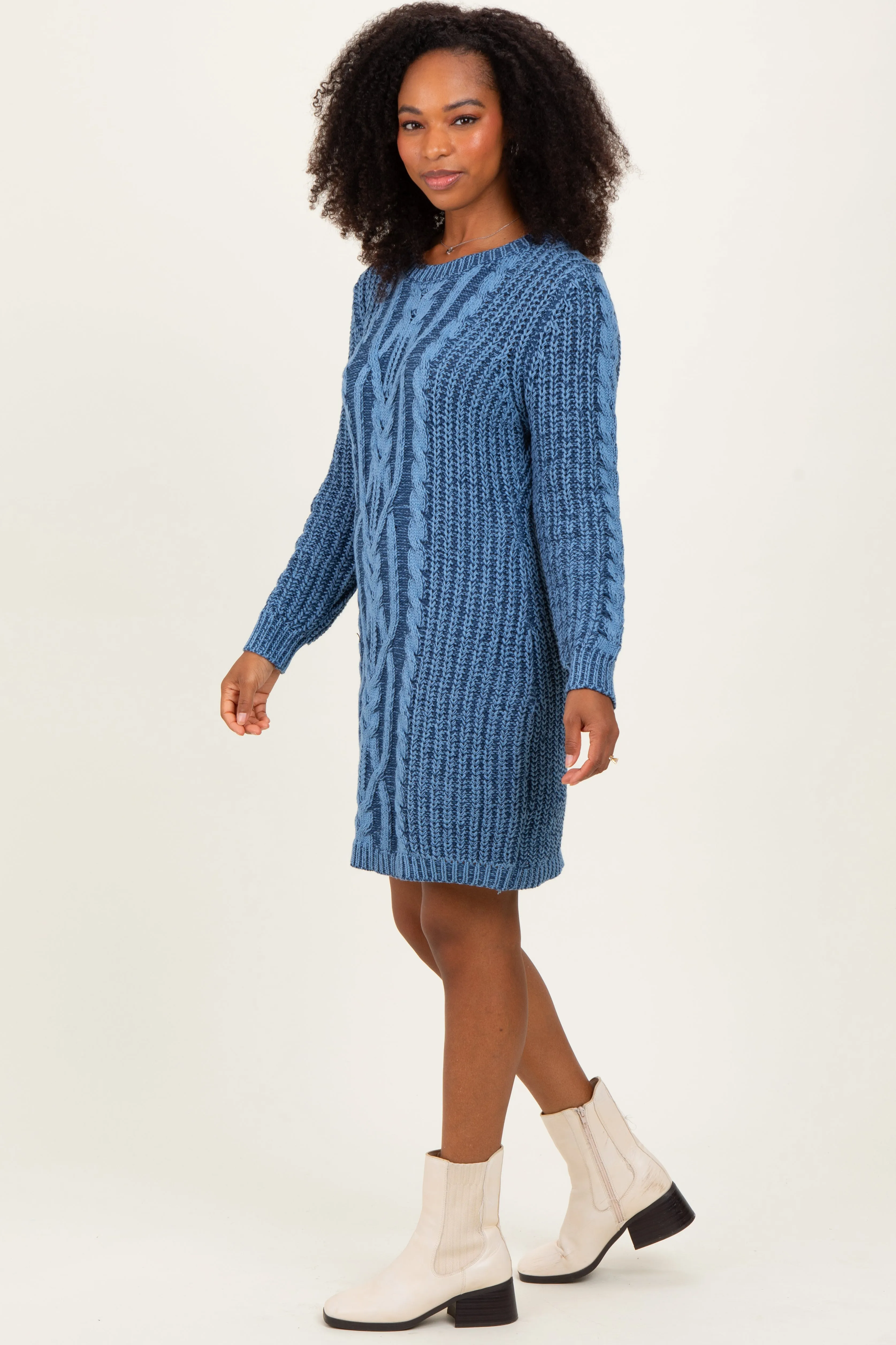 Blue Two Tone Cable Knit Mini Sweater Dress sold by Pinkblush product image thumbnail 3