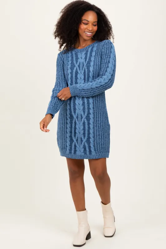 Blue Two Tone Cable Knit Mini Sweater Dress sold by Pinkblush