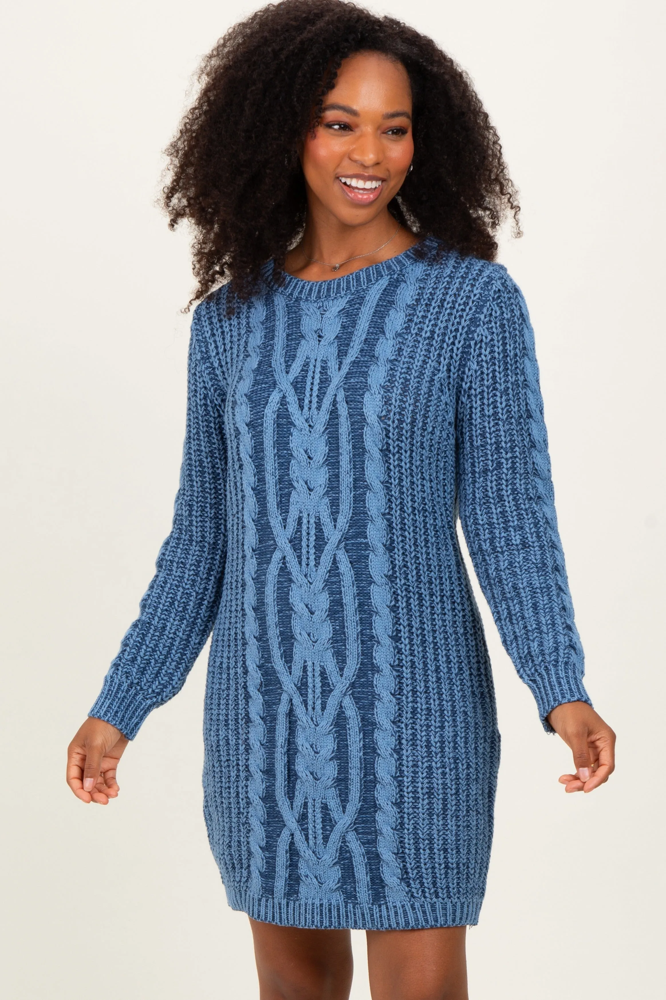 Blue Two Tone Cable Knit Mini Sweater Dress sold by Pinkblush product image thumbnail 2