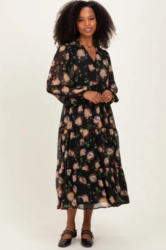 Black Multi Floral Tiered Button Down Maxi Dress sold by Pinkblush