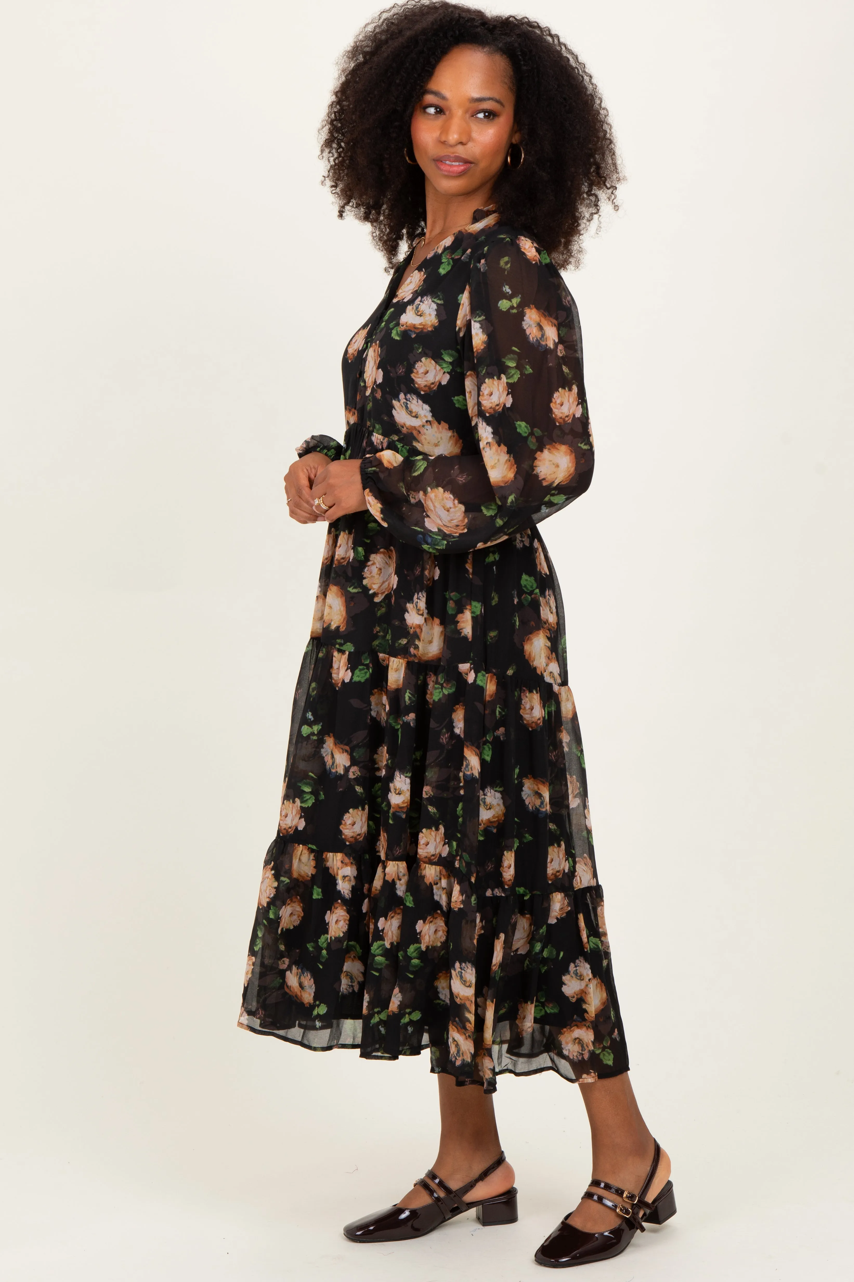 Black Multi Floral Tiered Button Down Maxi Dress sold by Pinkblush product image thumbnail 2