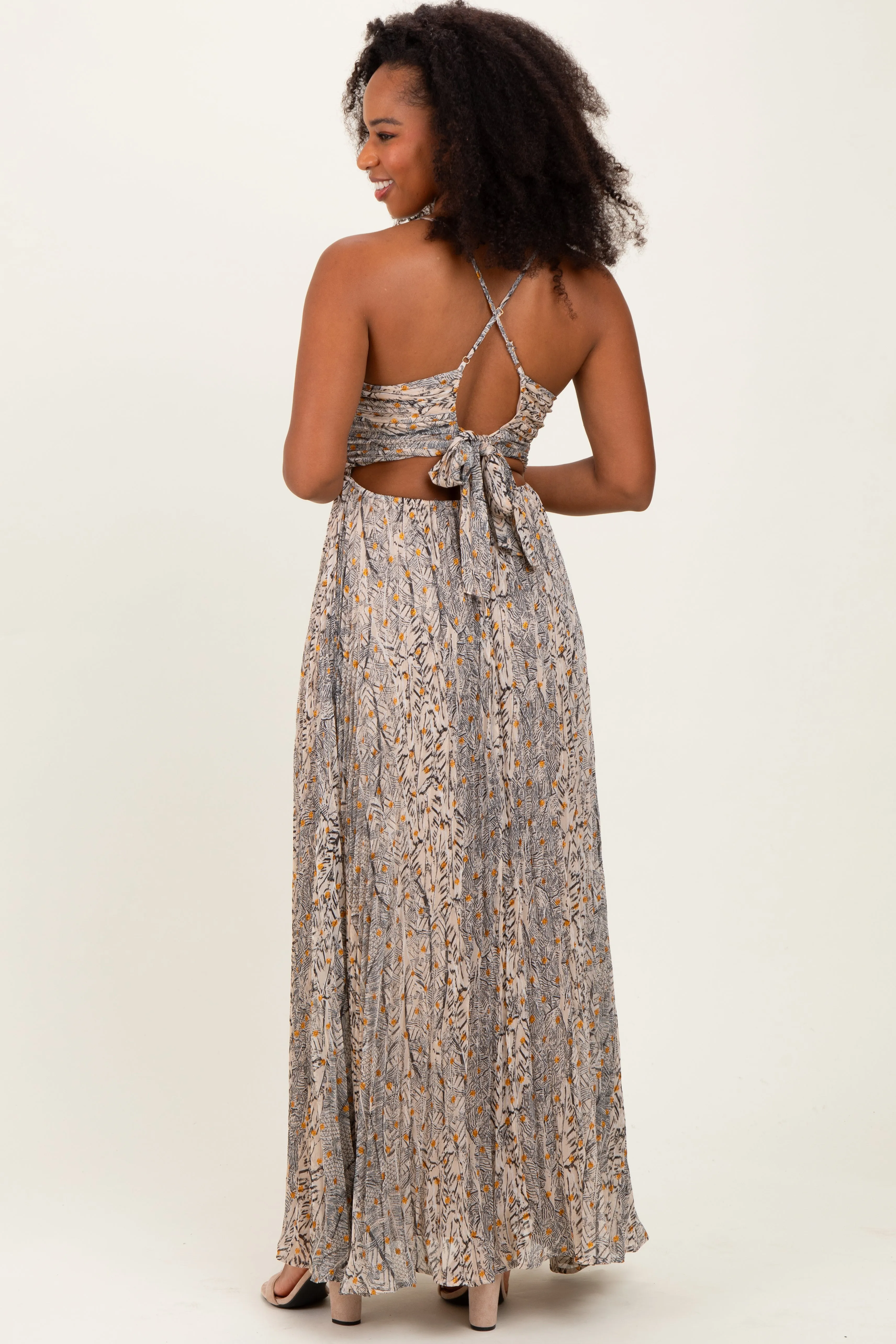 Beige Floral Cutout Tie Back Maxi Dress sold by Pinkblush product image thumbnail 4