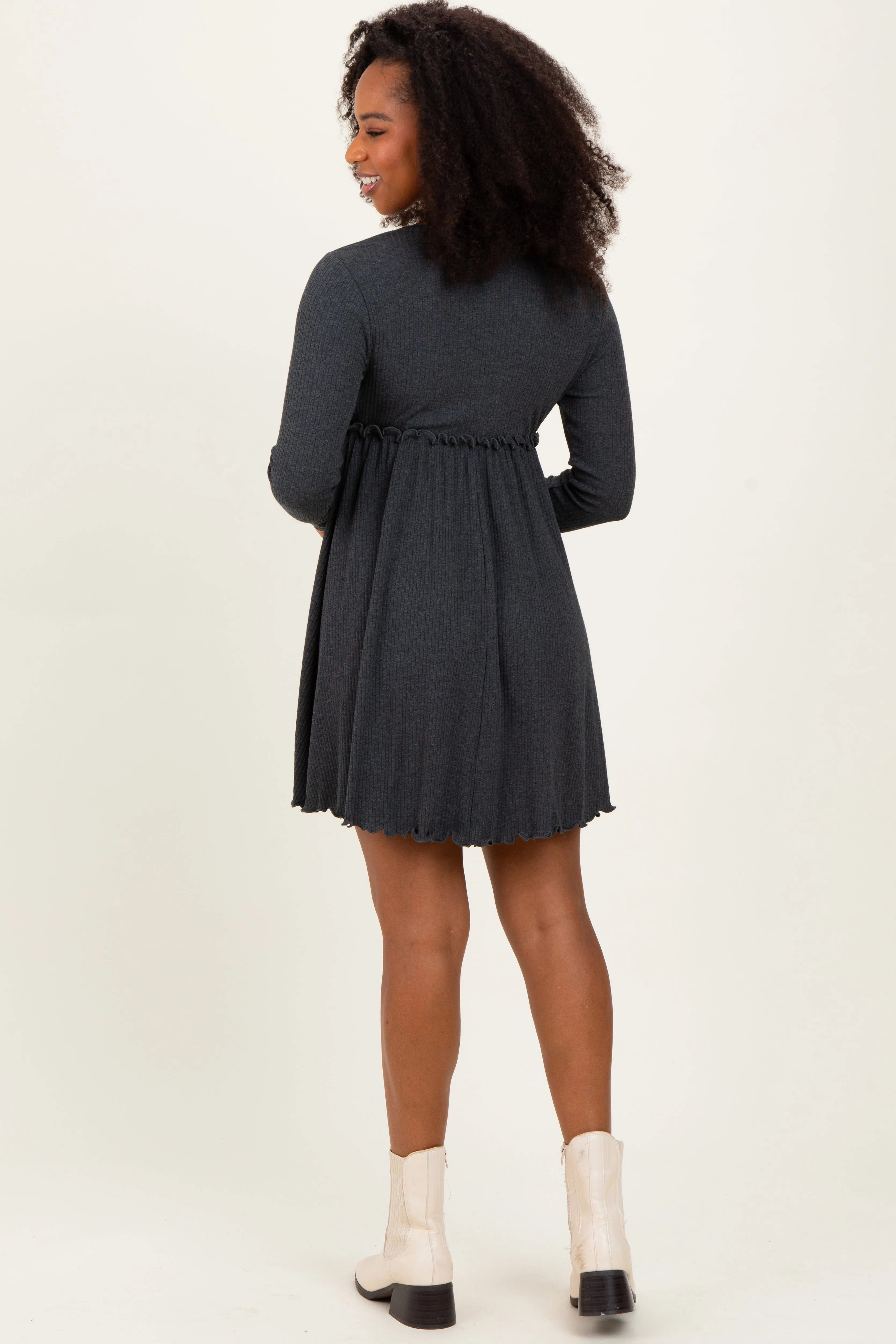 Charcoal Solid Ribbed Long Sleeve Crewneck Shirring Mini Dress sold by Pinkblush product image thumbnail 3