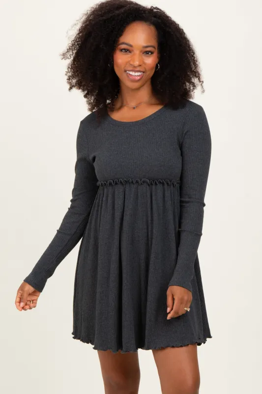 Charcoal Solid Ribbed Long Sleeve Crewneck Shirring Mini Dress sold by Pinkblush