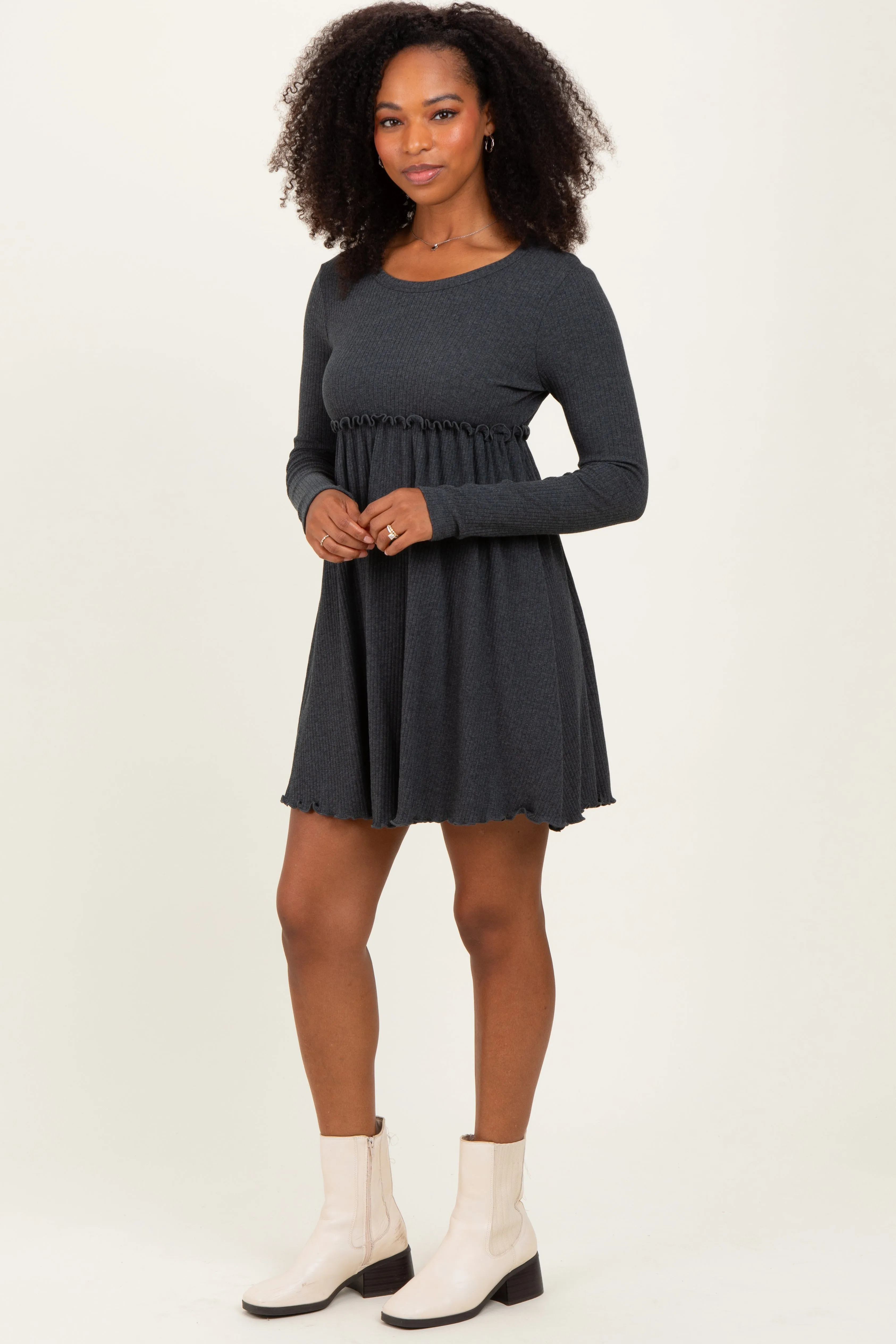 Charcoal Solid Ribbed Long Sleeve Crewneck Shirring Mini Dress sold by Pinkblush product image thumbnail 2