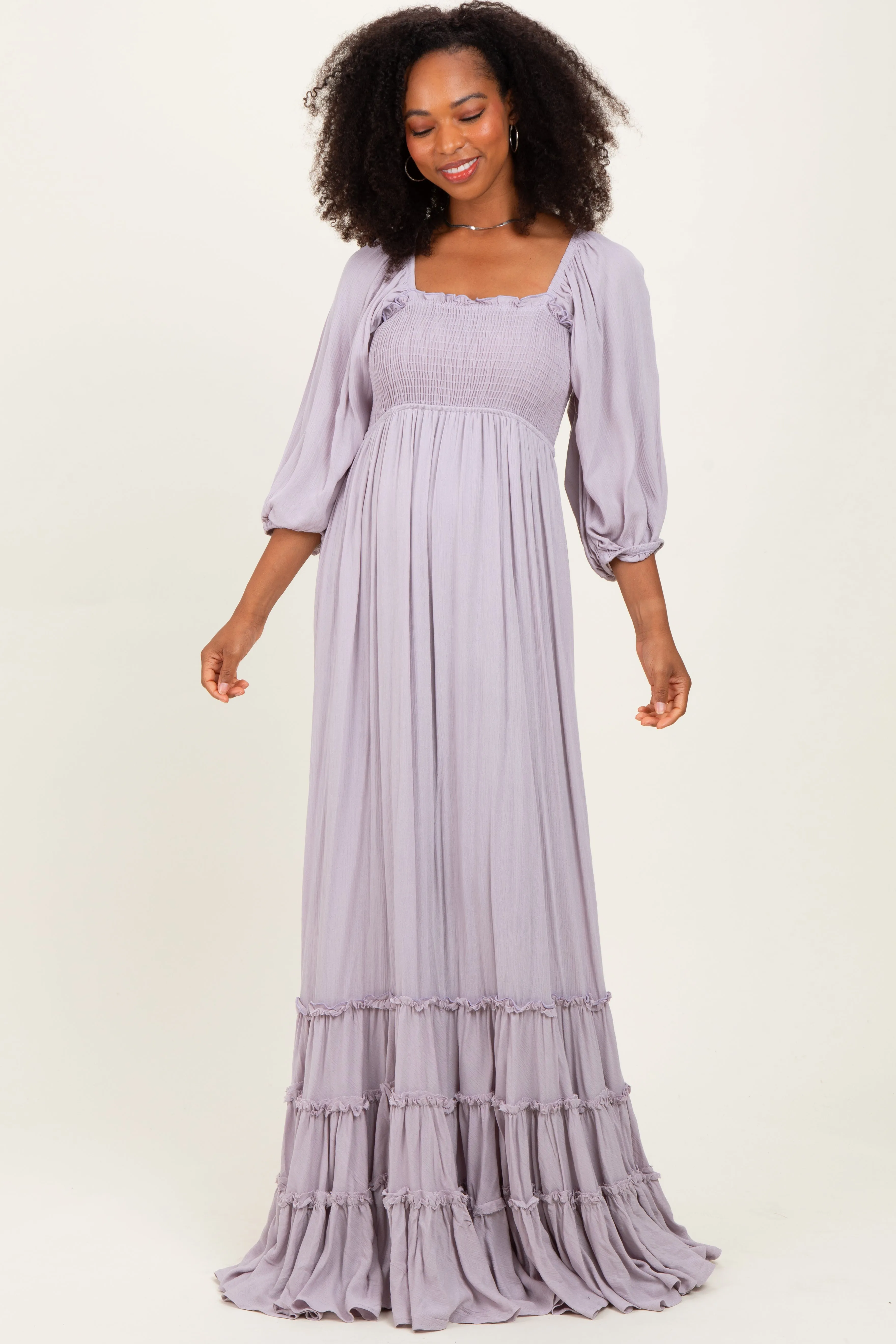 Lavender Solid 3/4 Sleeve Smocked Top Tiered Maxi Dress sold by Pinkblush product image thumbnail 2