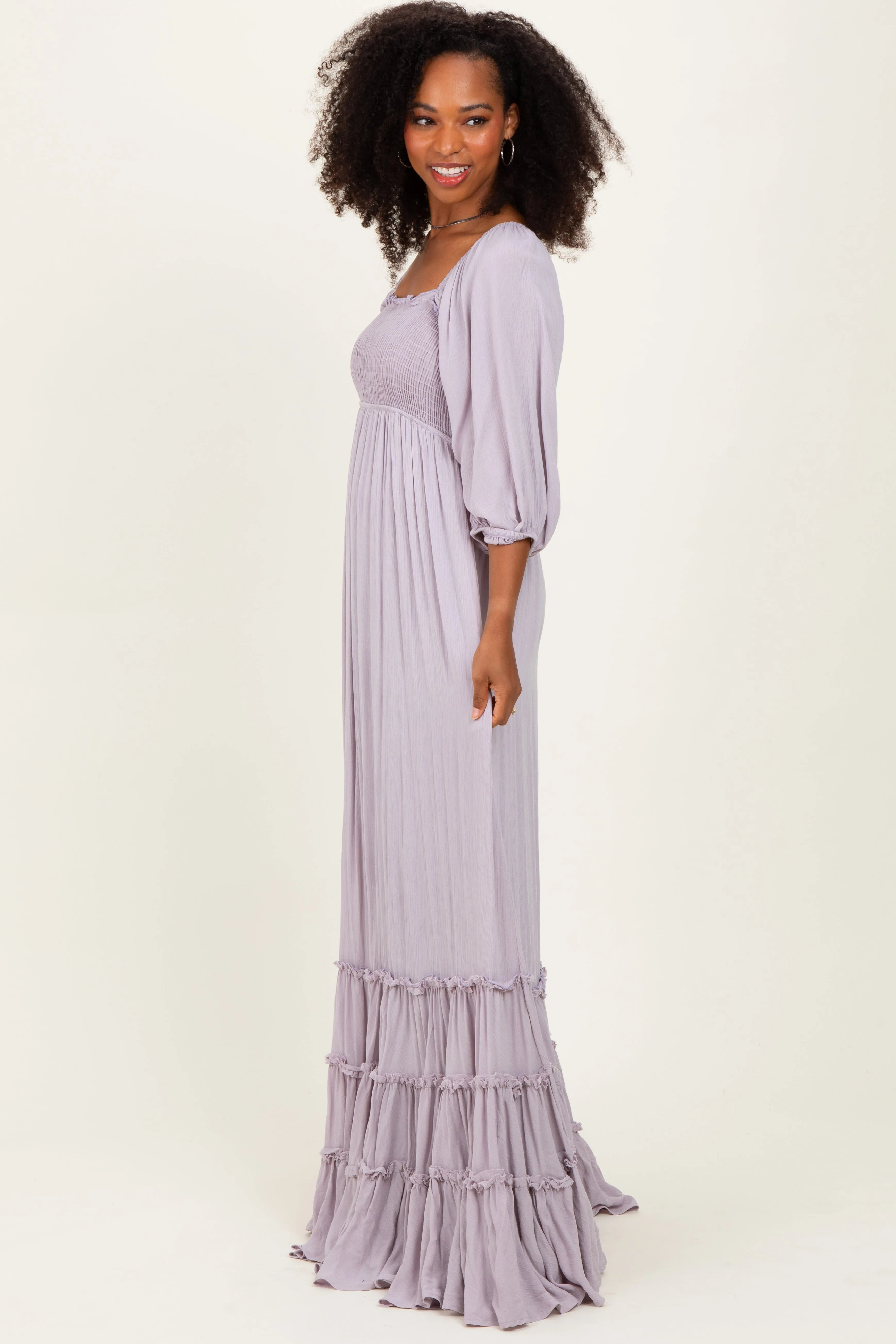 Lavender Solid 3/4 Sleeve Smocked Top Tiered Maxi Dress sold by Pinkblush product image thumbnail 3