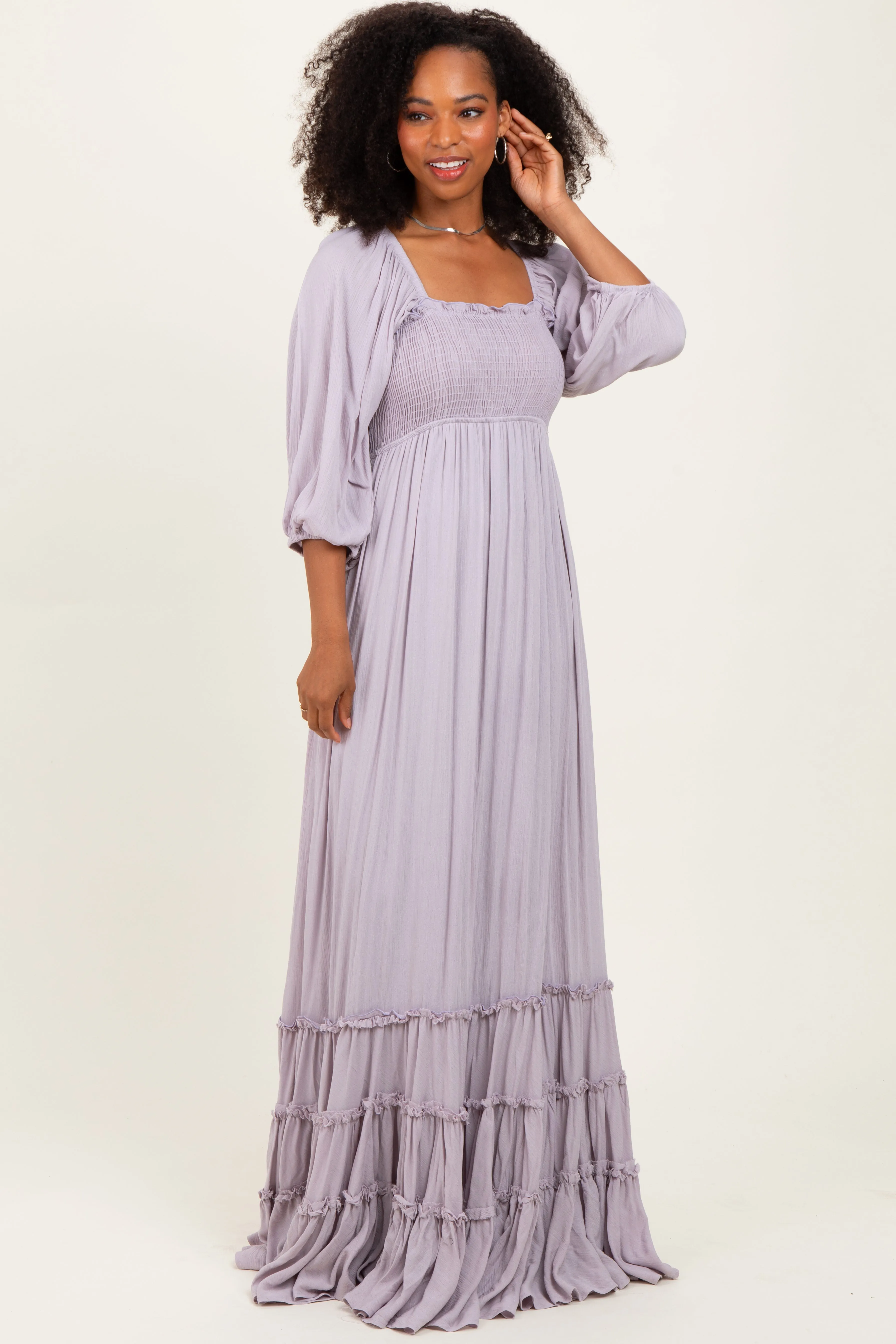 Lavender Solid 3/4 Sleeve Smocked Top Tiered Maxi Dress sold by Pinkblush