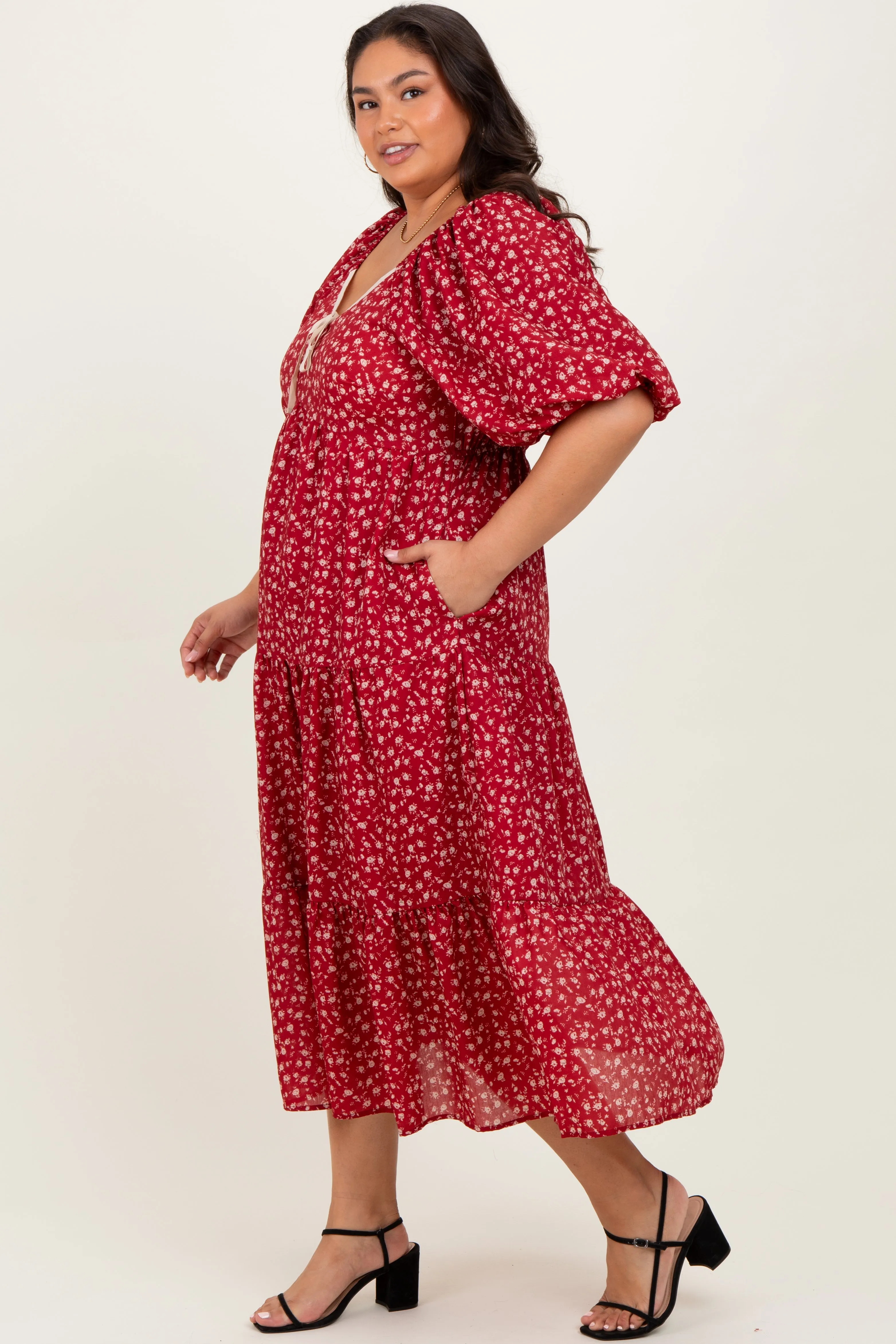 Red Floral Puff Sleeve Tiered Plus Maxi Dress sold by Pinkblush product image thumbnail 2