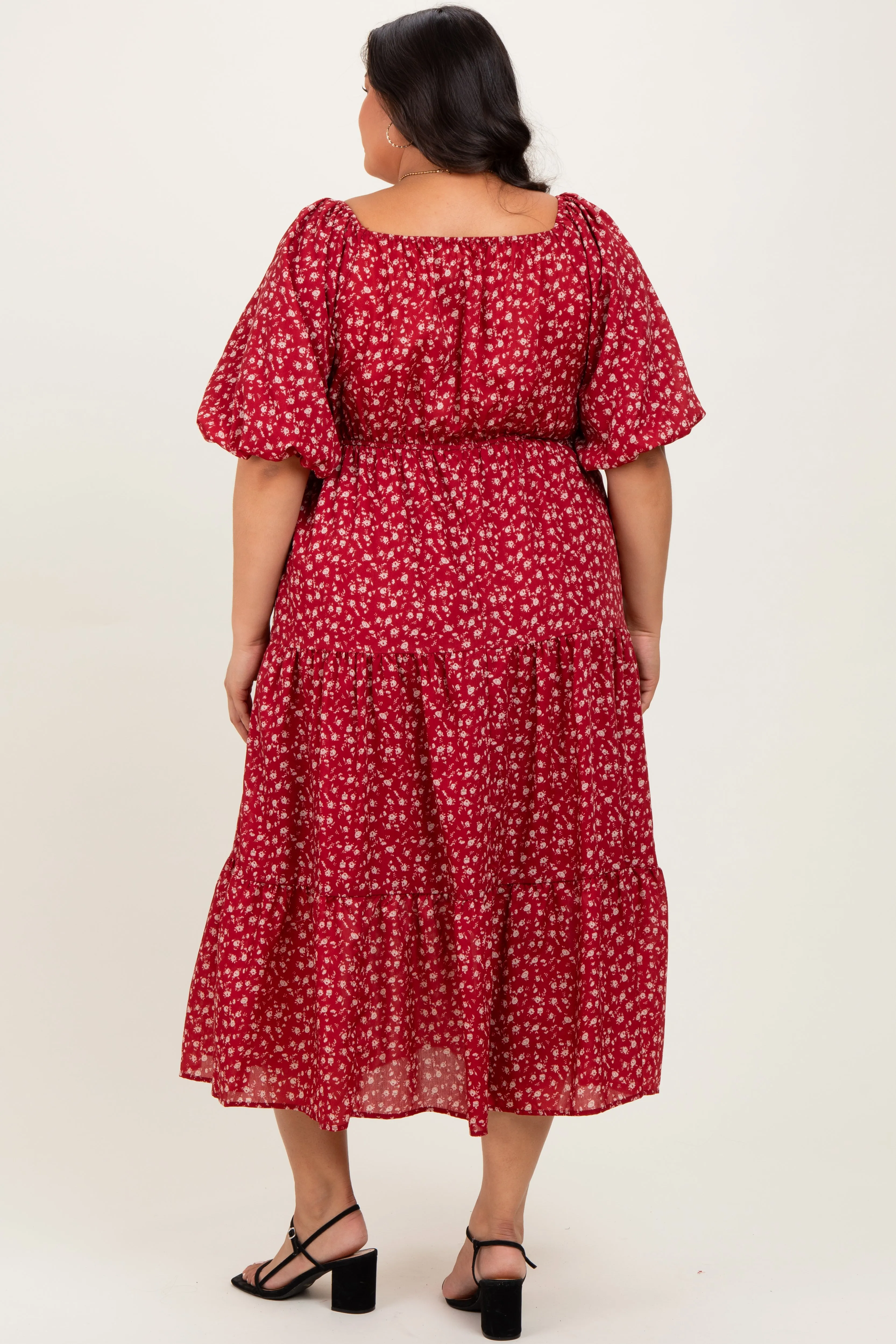 Red Floral Puff Sleeve Tiered Plus Maxi Dress sold by Pinkblush product image thumbnail 3