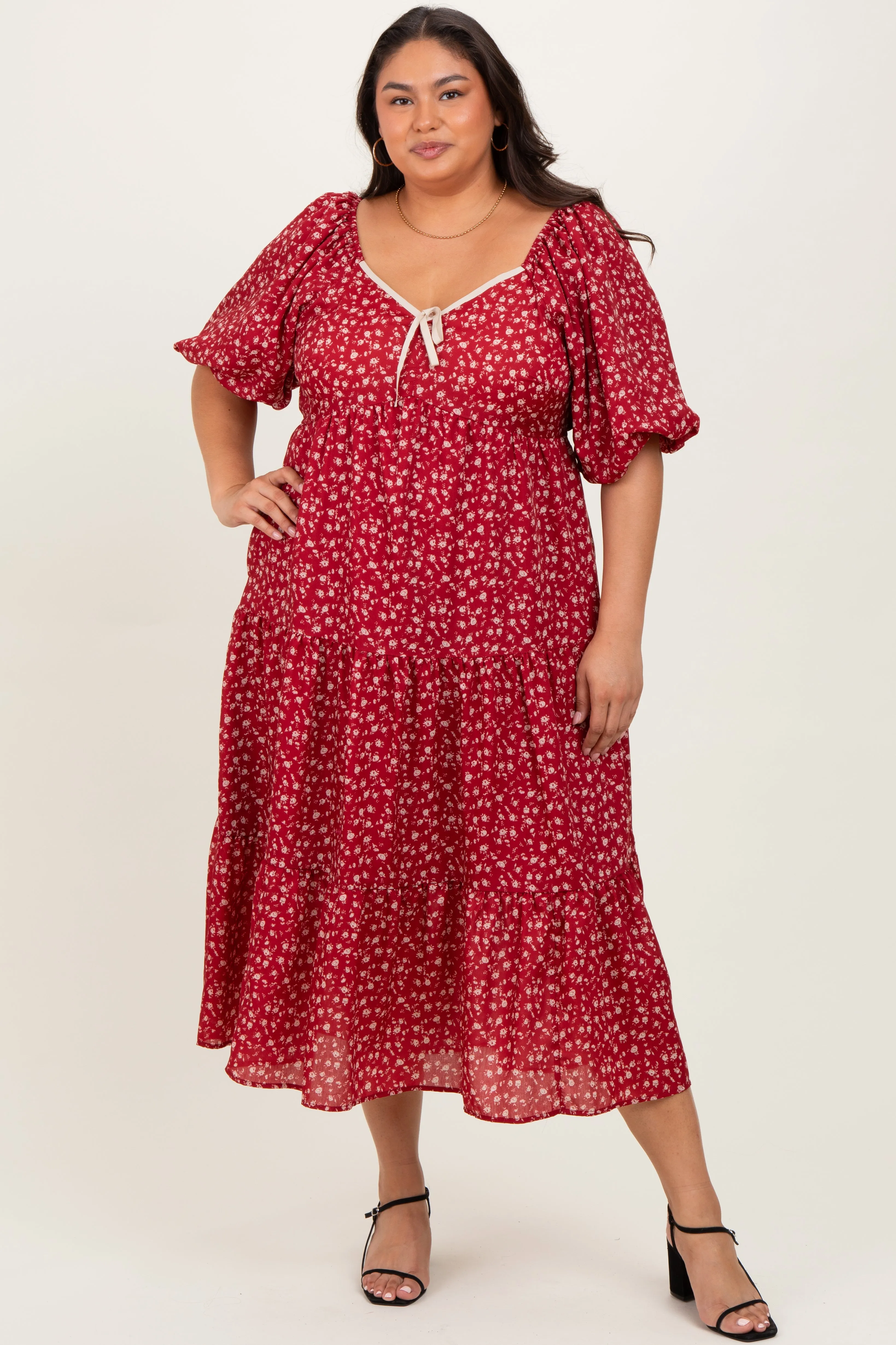 Red Floral Puff Sleeve Tiered Plus Maxi Dress sold by Pinkblush