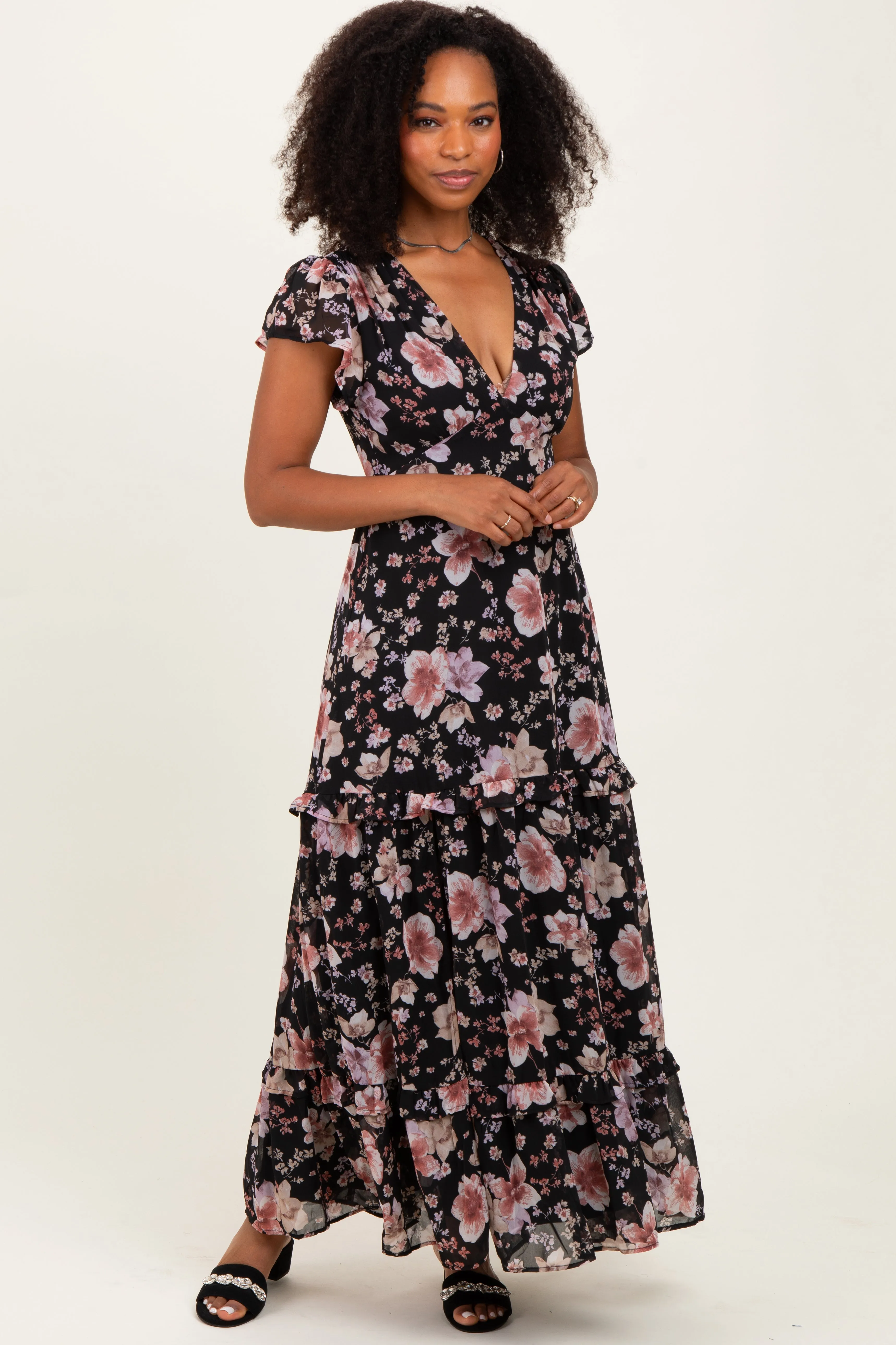 Black Floral V-Neck Side Silt Maxi Dress sold by Pinkblush product image thumbnail 2