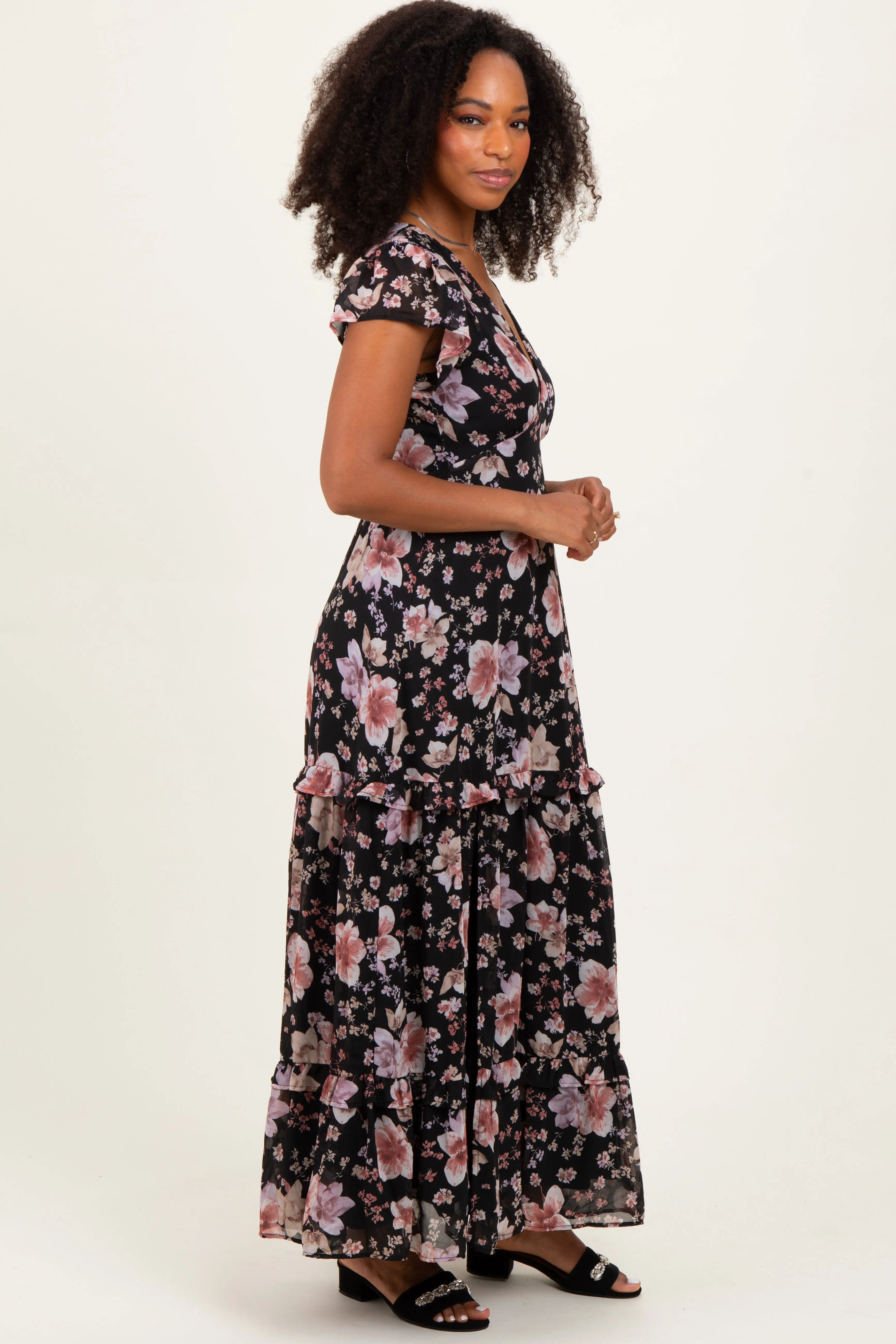 Black Floral V-Neck Side Silt Maxi Dress sold by Pinkblush product image thumbnail 3