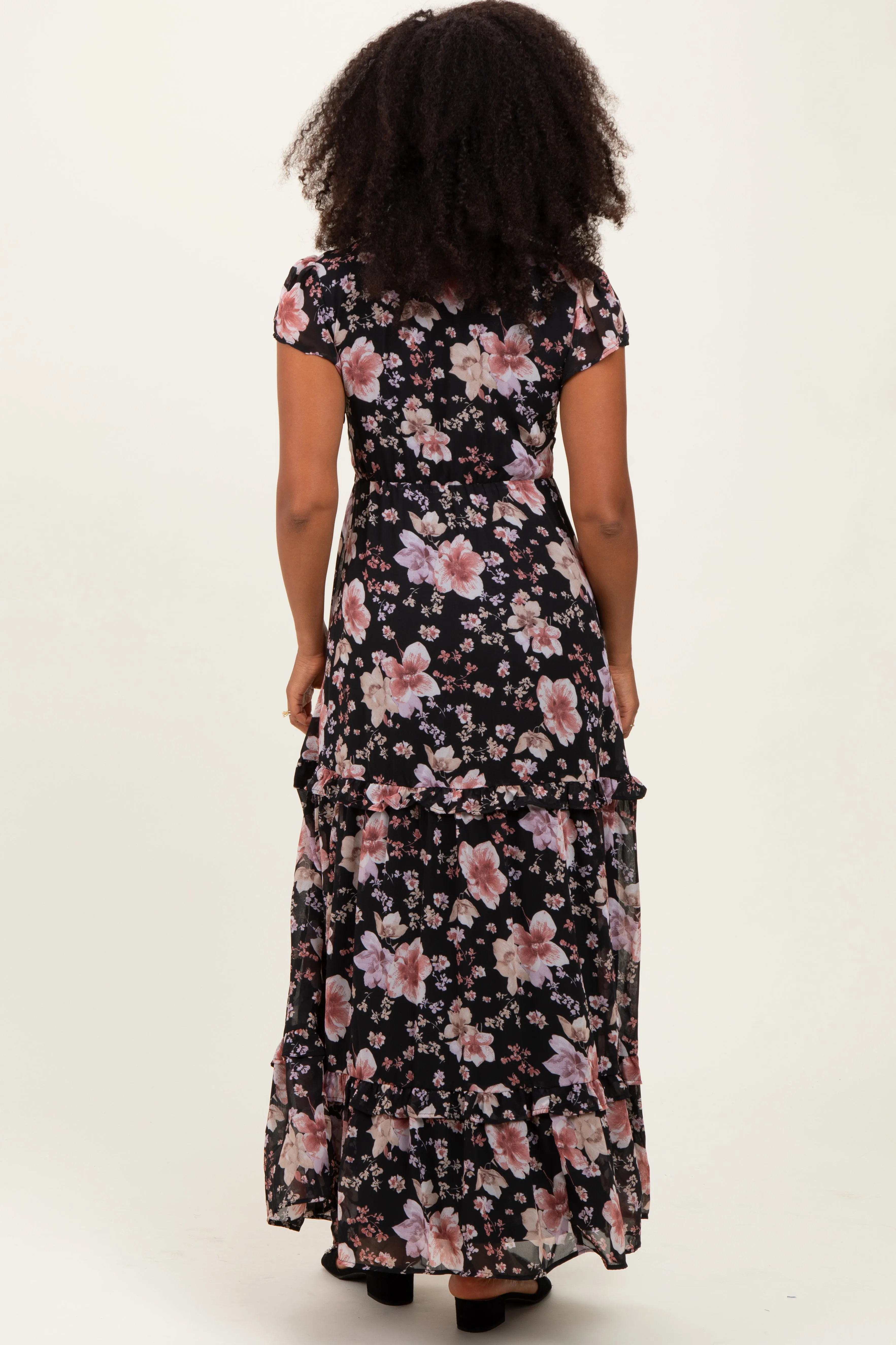 Black Floral V-Neck Side Silt Maxi Dress sold by Pinkblush product image thumbnail 4