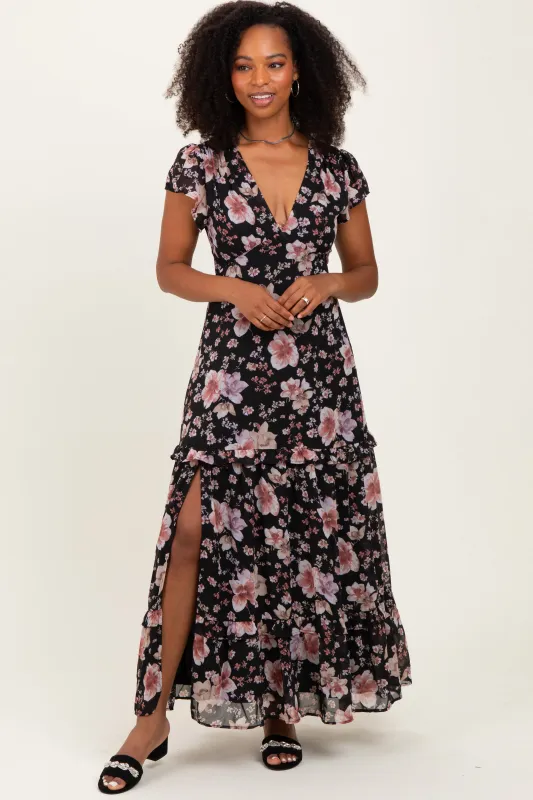 Black Floral V-Neck Side Silt Maxi Dress sold by Pinkblush