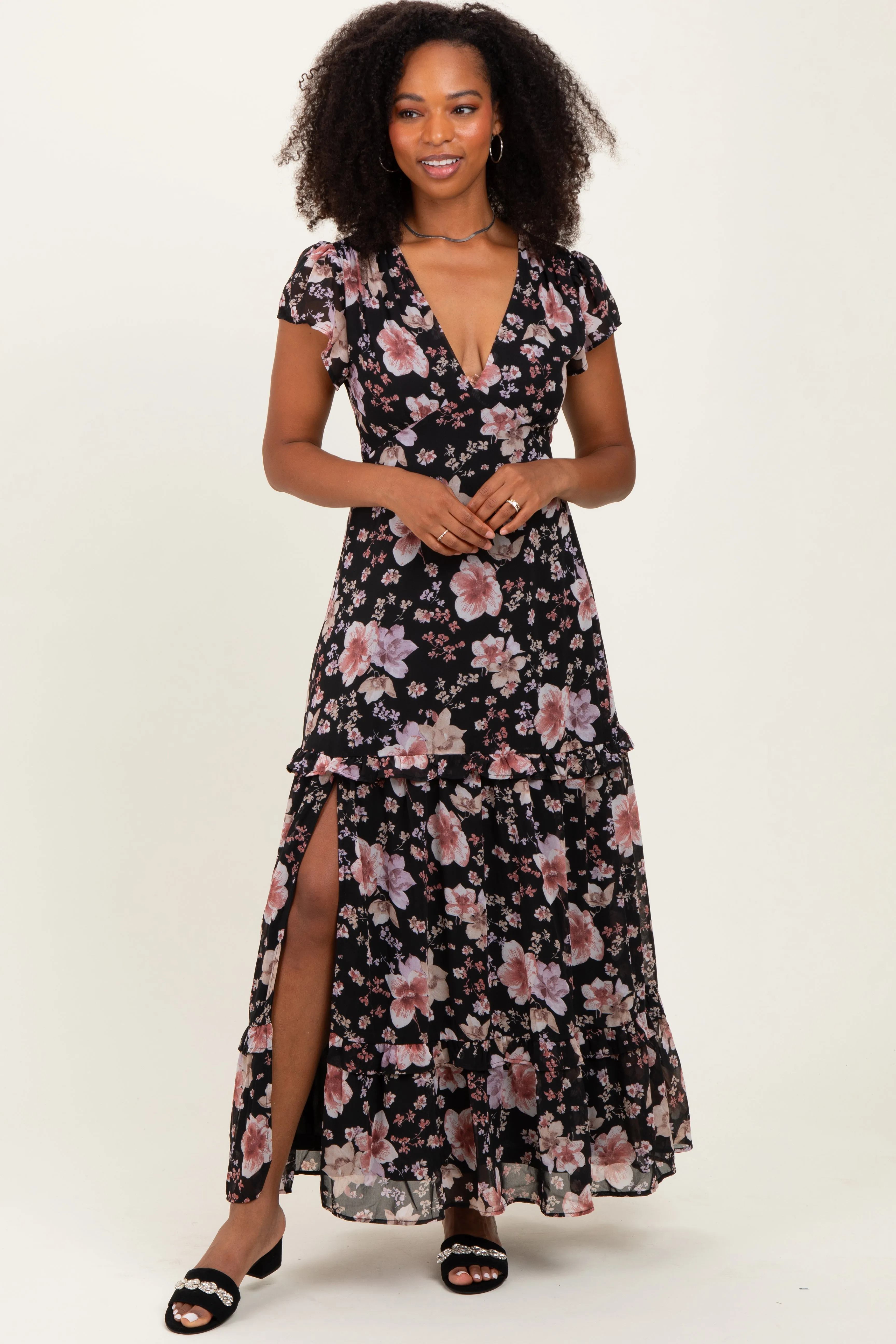 Black Floral V-Neck Side Silt Maxi Dress sold by Pinkblush