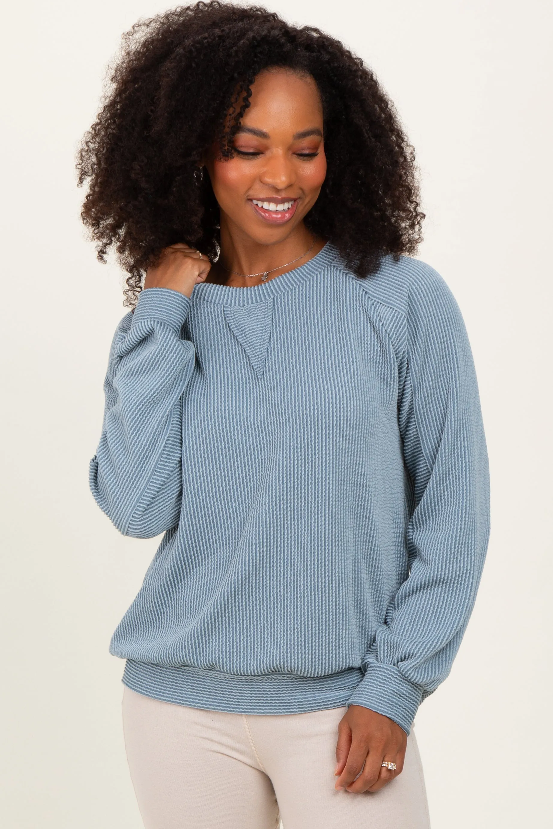 Blue Textured Rib Knit Pullover sold by Pinkblush