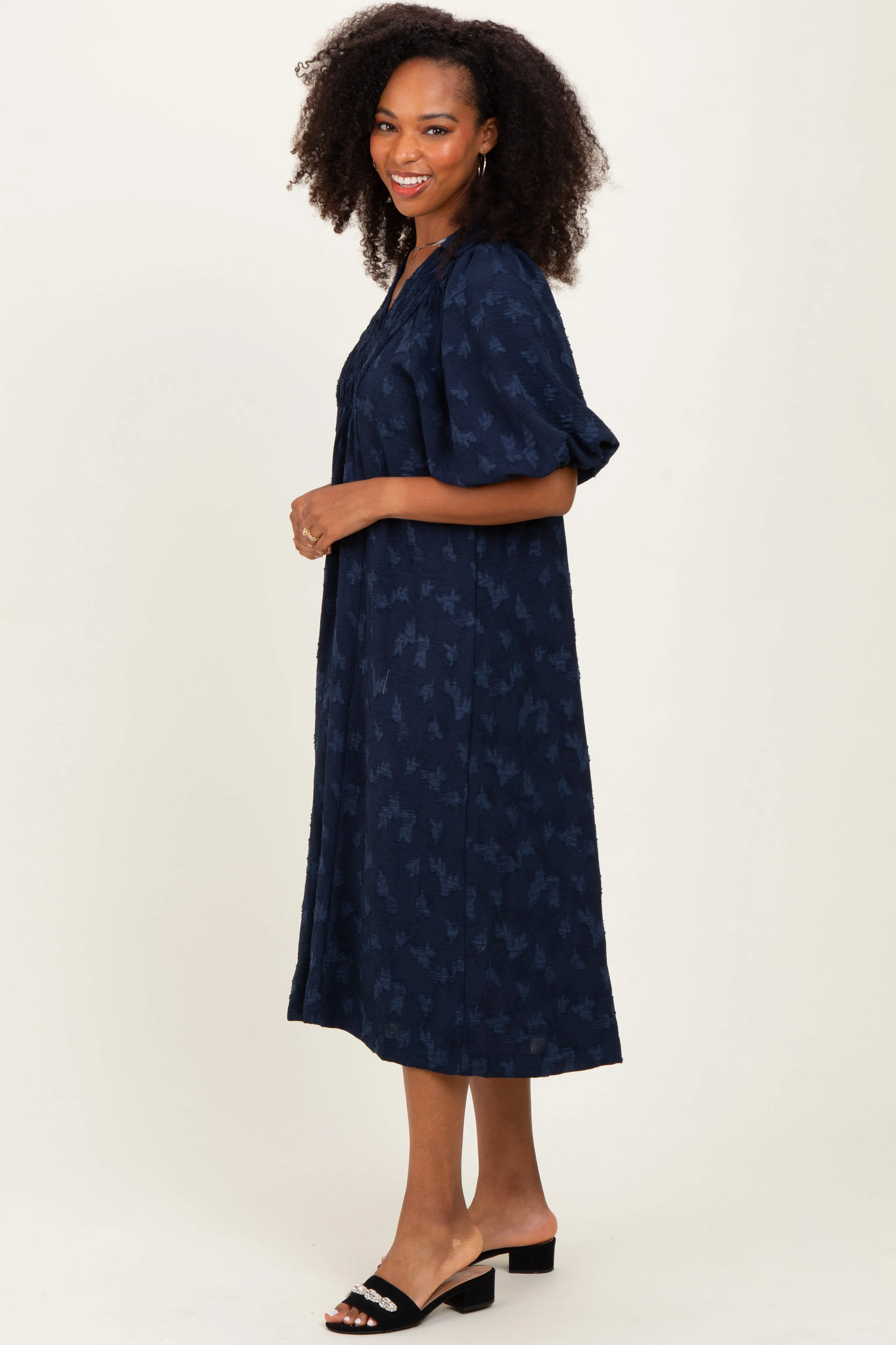 Navy Jacquard Texture V-Neck Midi Dress sold by Pinkblush product image thumbnail 3