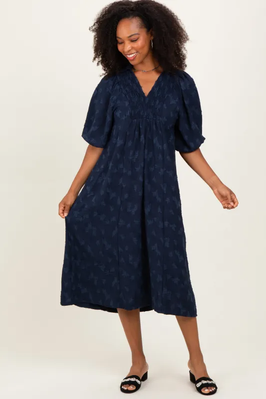 Navy Jacquard Texture V-Neck Midi Dress sold by Pinkblush