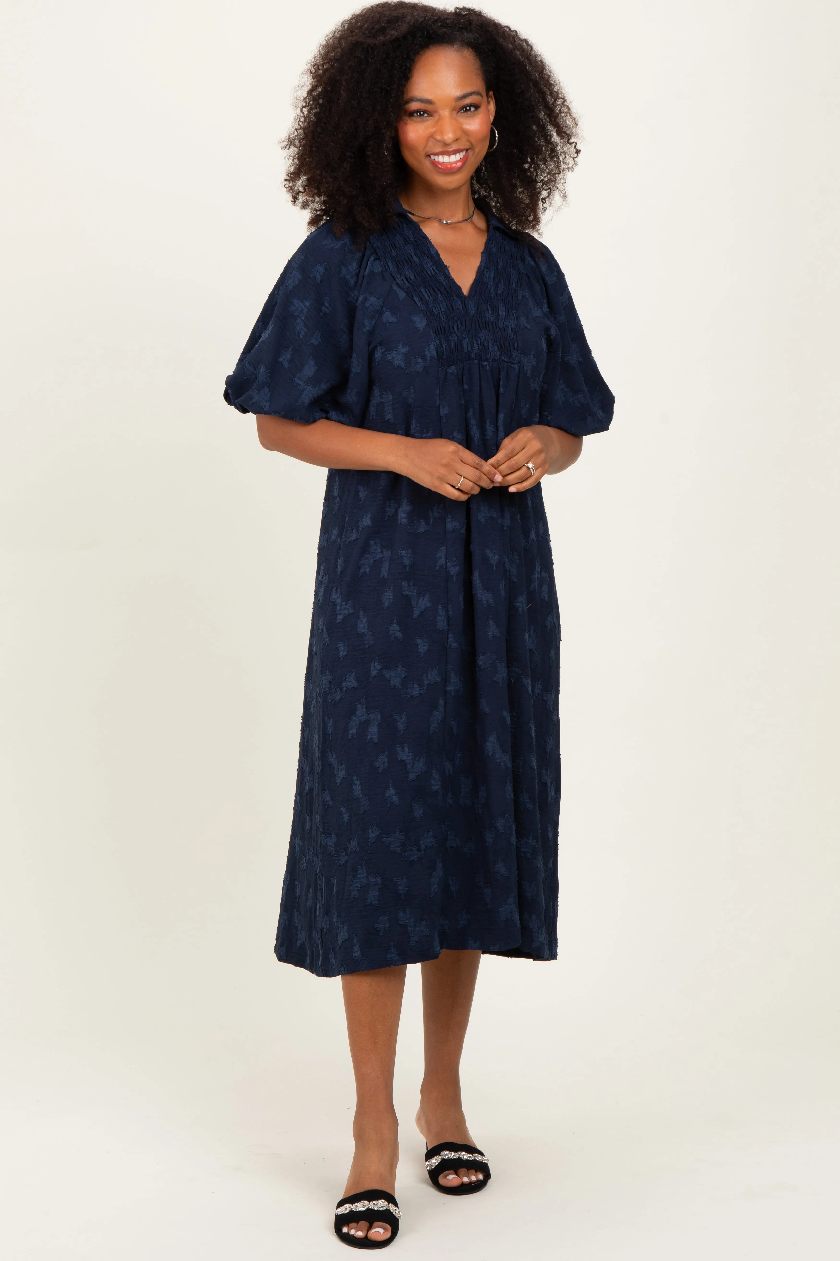 Navy Jacquard Texture V-Neck Midi Dress sold by Pinkblush product image thumbnail 2