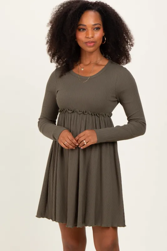 Olive Solid Ribbed Long Sleeve Crewneck Shirring Mini Dress sold by Pinkblush