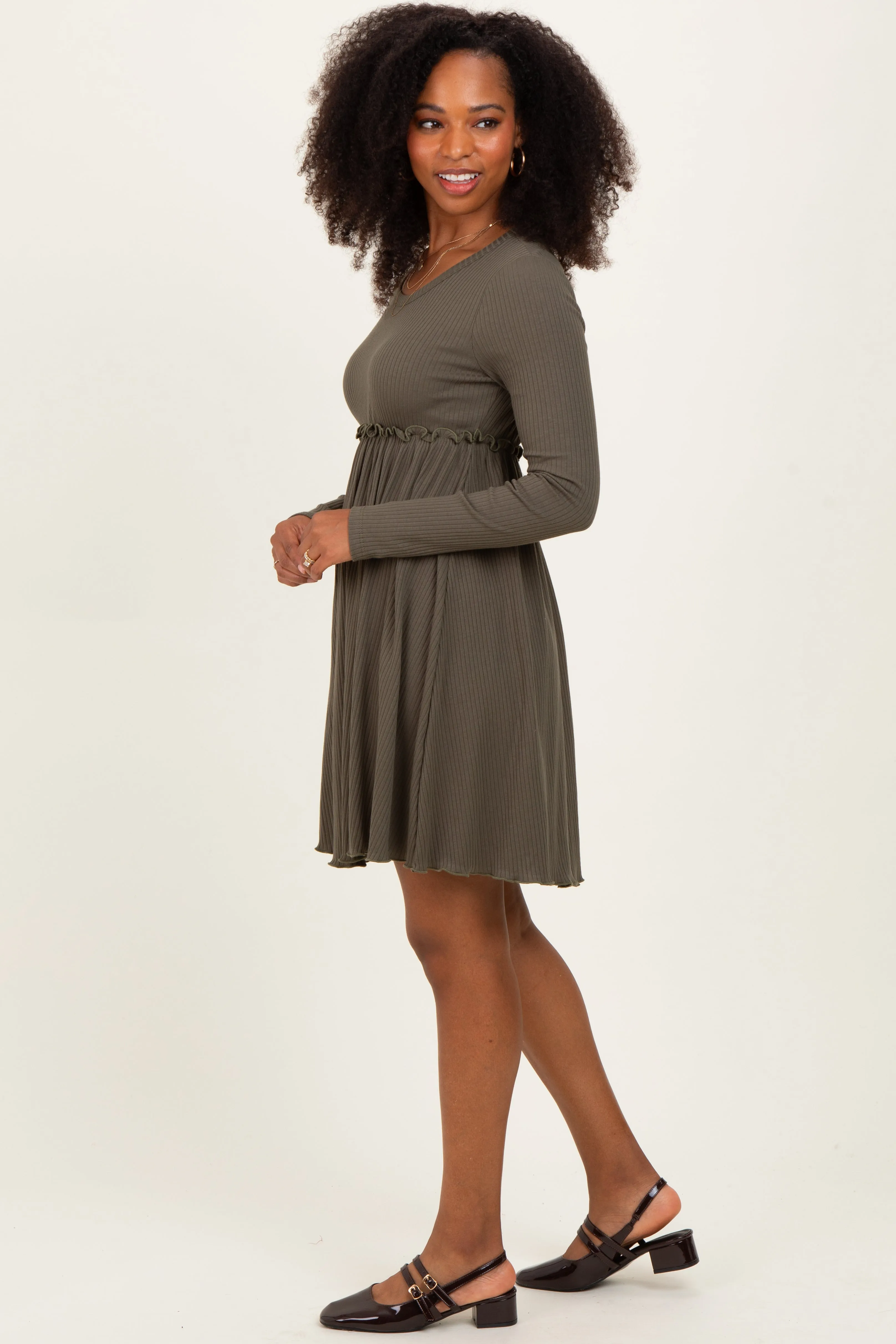 Olive Solid Ribbed Long Sleeve Crewneck Shirring Mini Dress sold by Pinkblush product image thumbnail 3