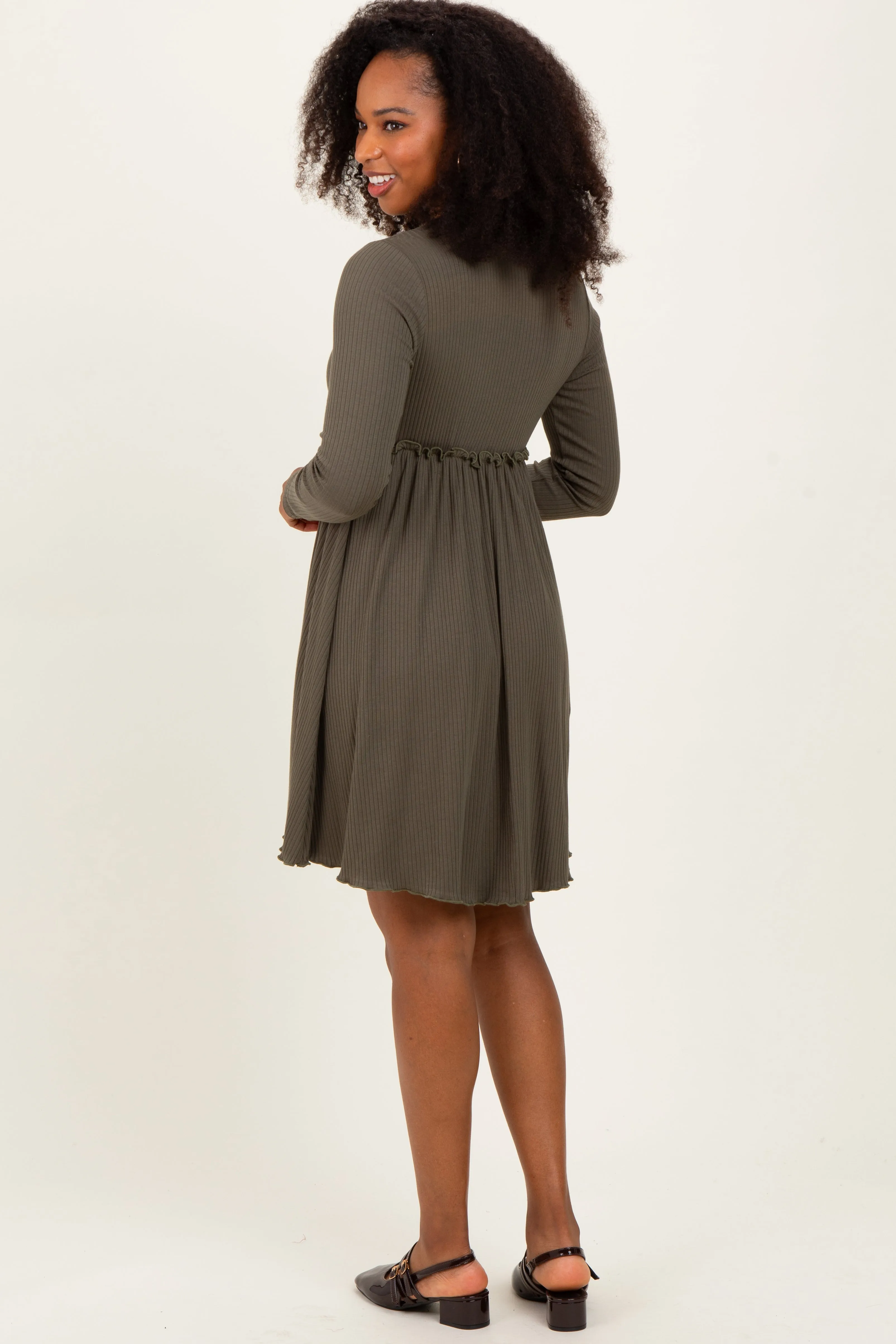 Olive Solid Ribbed Long Sleeve Crewneck Shirring Mini Dress sold by Pinkblush product image thumbnail 4