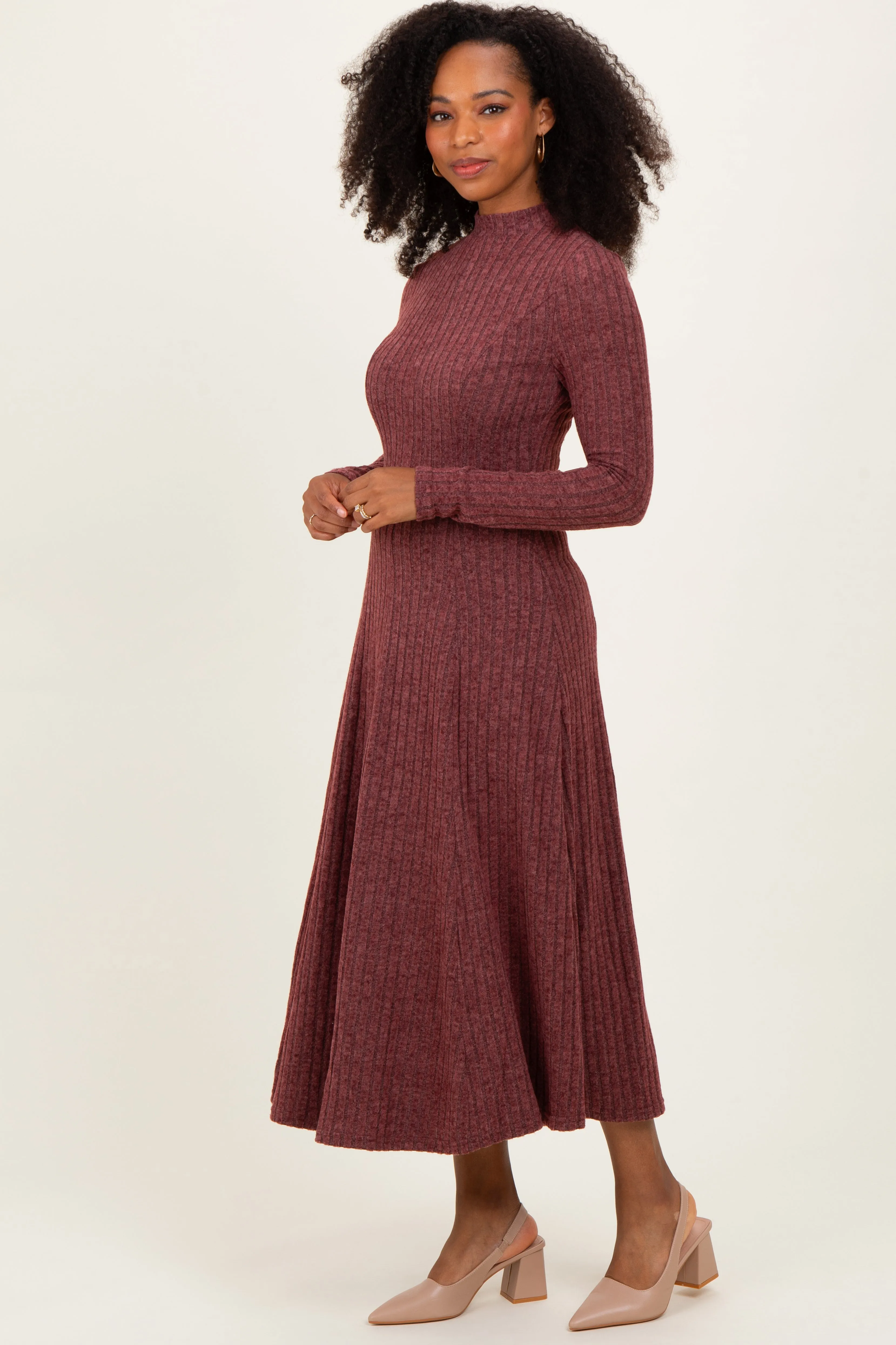 Burgundy Ribbed Mock Neck Midi Dress sold by Pinkblush