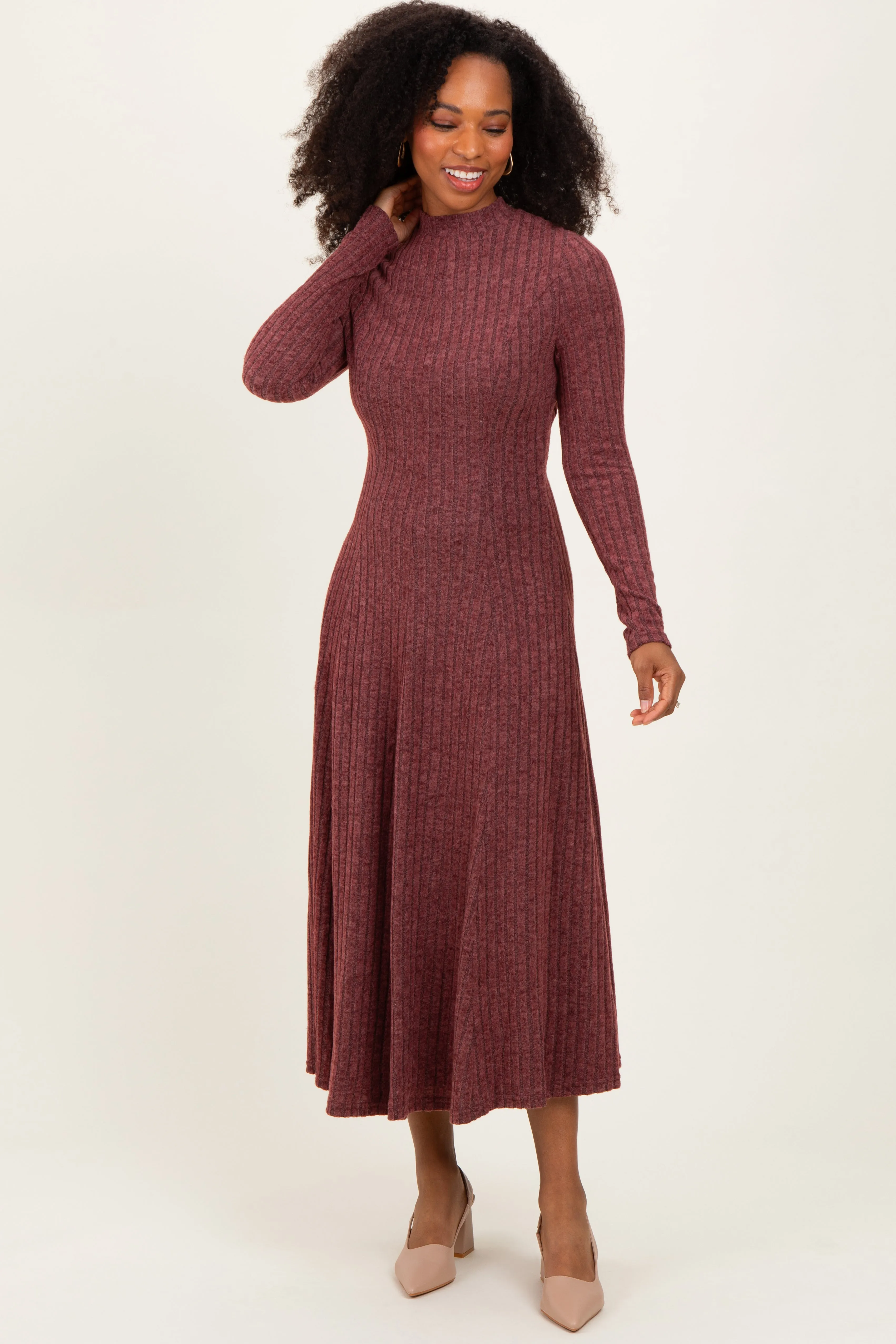 Burgundy Ribbed Mock Neck Midi Dress sold by Pinkblush product image thumbnail 2