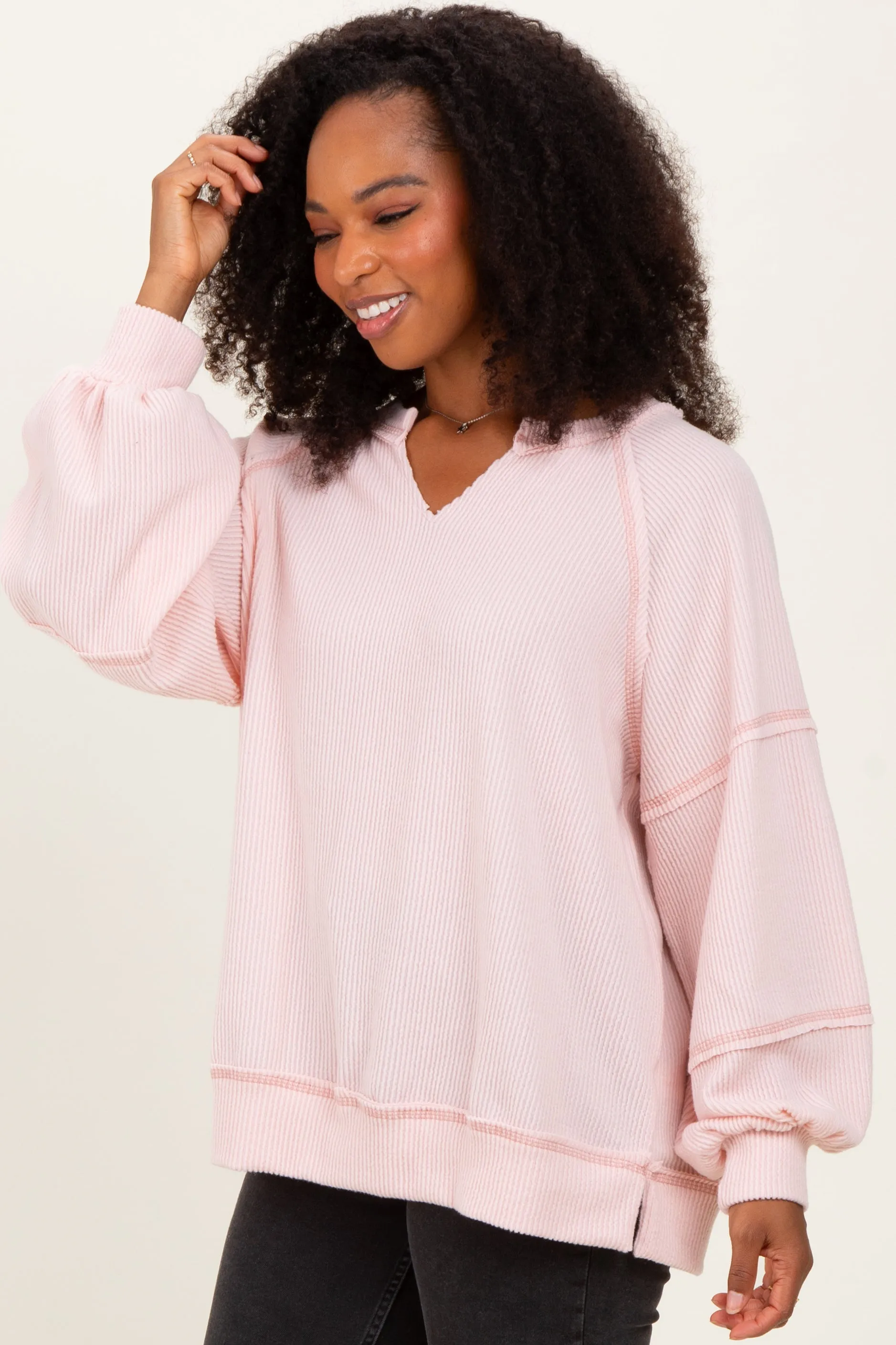 Light Pink Solid Rib Long Sleeve V-Neck Oversized Tunic Top sold by Pinkblush product image thumbnail 2