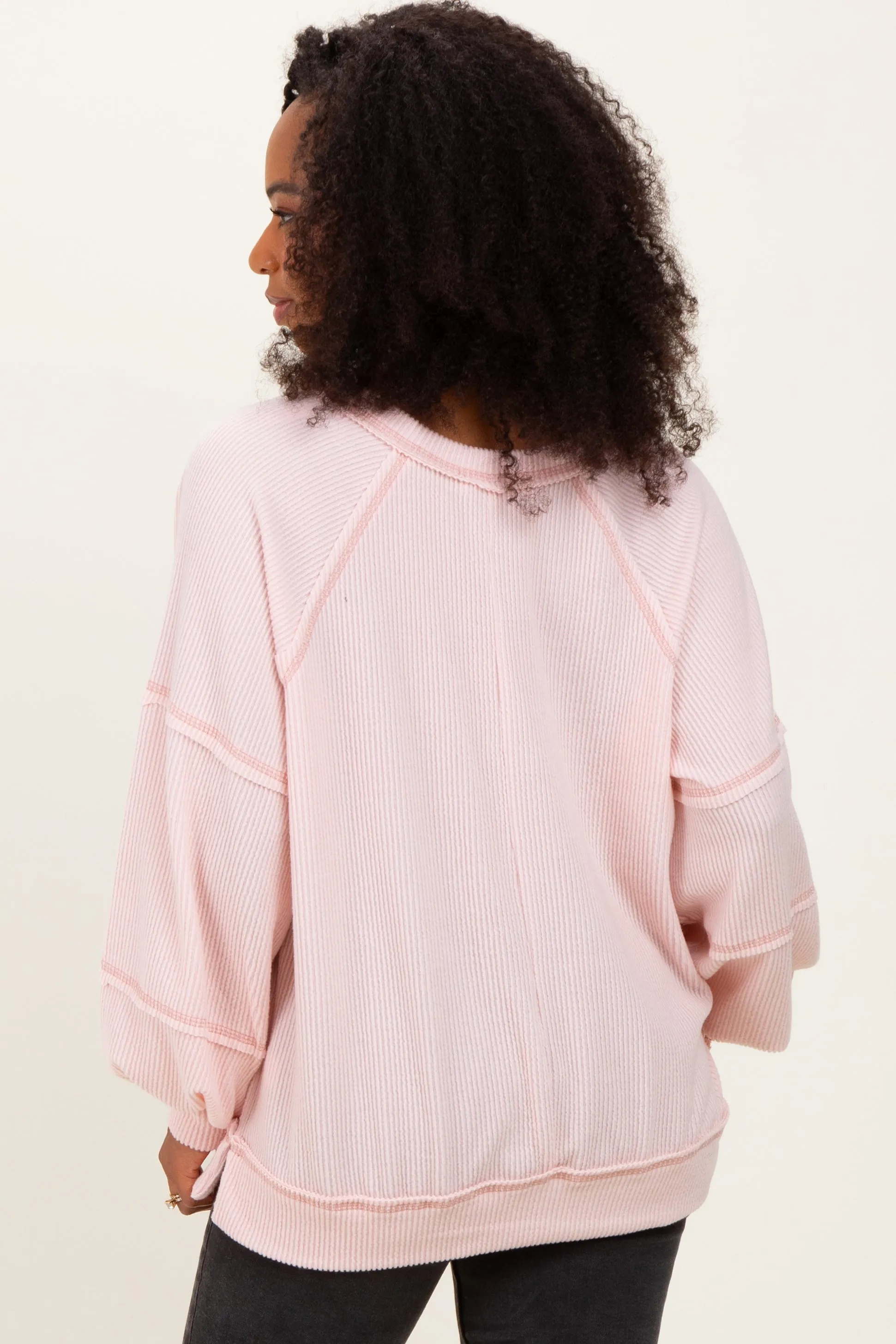 Light Pink Solid Rib Long Sleeve V-Neck Oversized Tunic Top sold by Pinkblush product image thumbnail 3