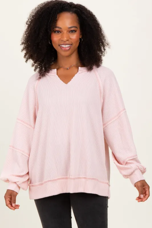 Light Pink Solid Rib Long Sleeve V-Neck Oversized Tunic Top sold by Pinkblush