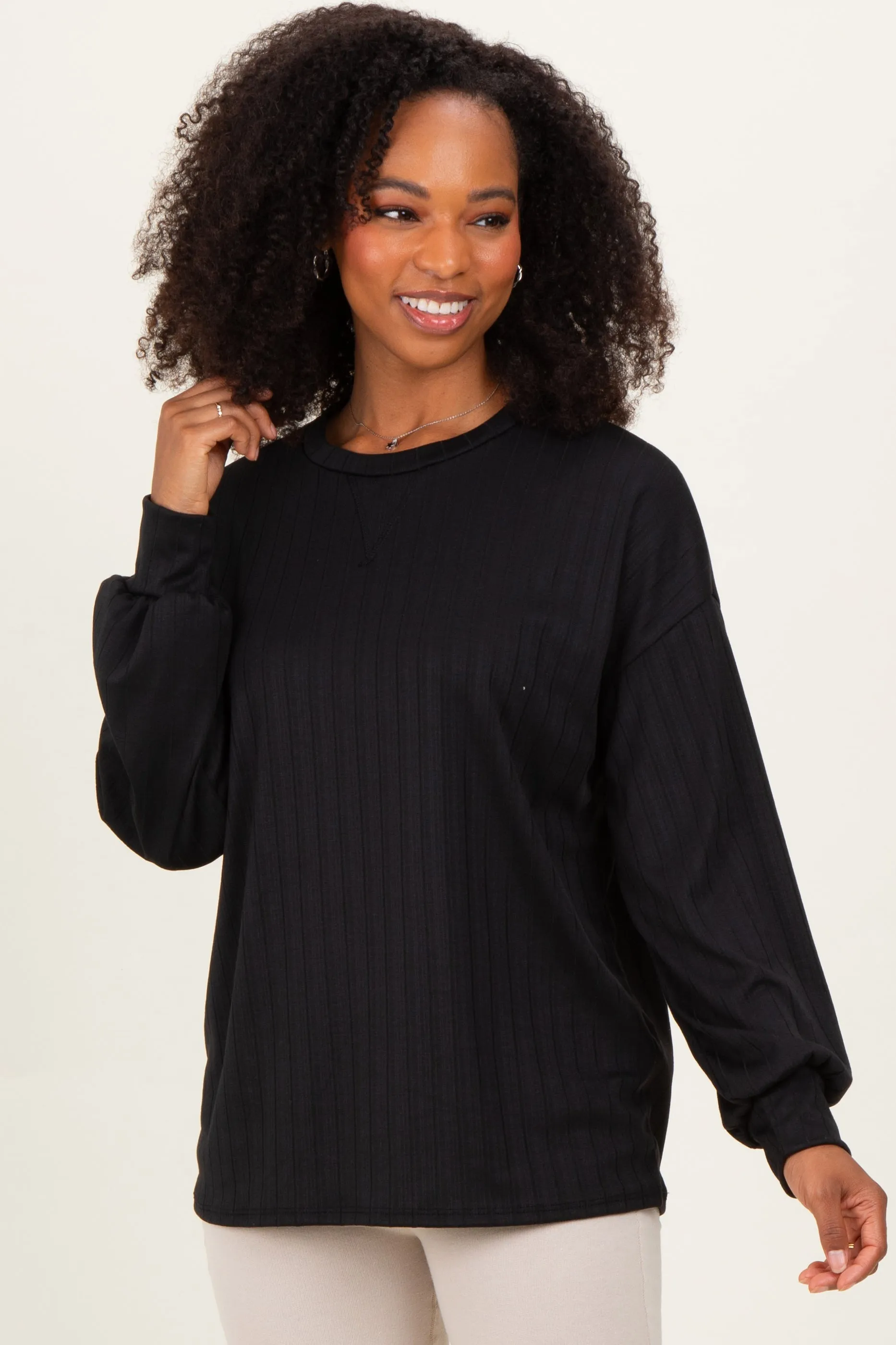 Black Ribbed Knit Bubble Sleeve Pullover Top sold by Pinkblush product image thumbnail 2