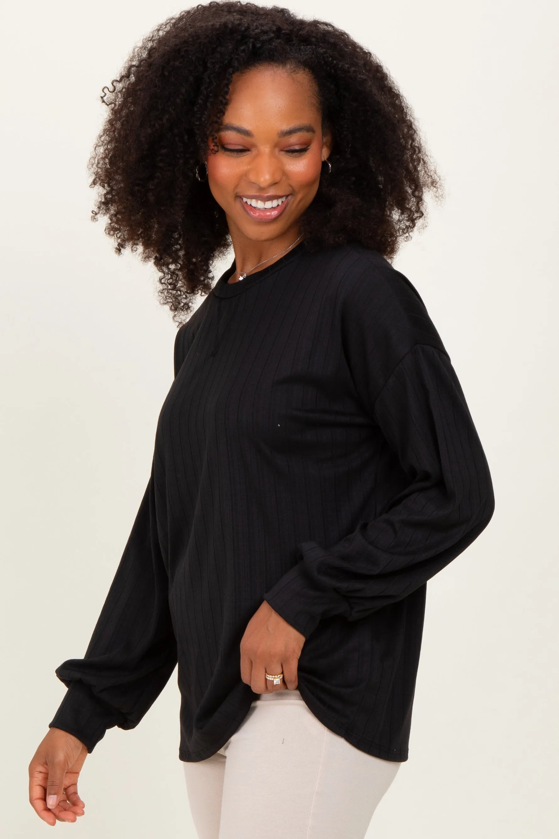 Black Ribbed Knit Bubble Sleeve Pullover Top sold by Pinkblush product image thumbnail 3