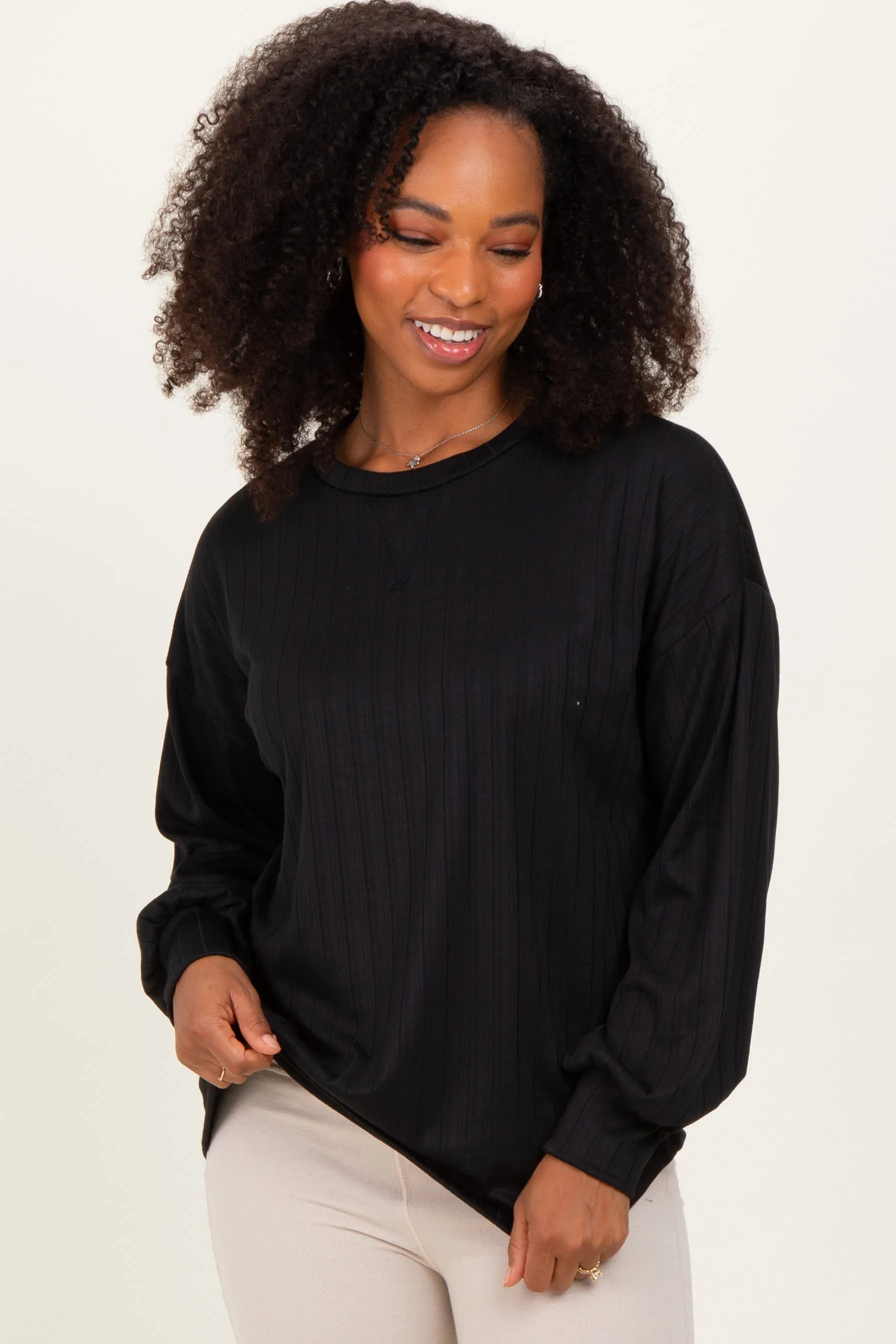 Black Ribbed Knit Bubble Sleeve Pullover Top sold by Pinkblush
