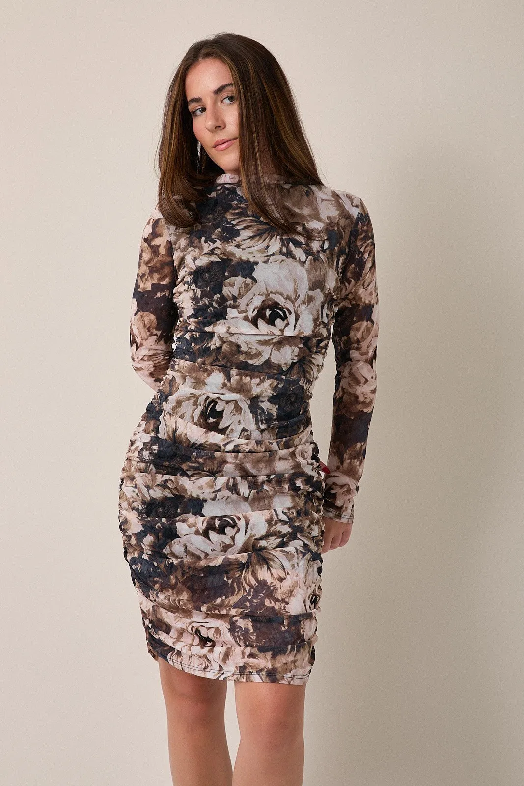 Brown Floral Mesh Overlay Ruched Dress sold by Pinkblush