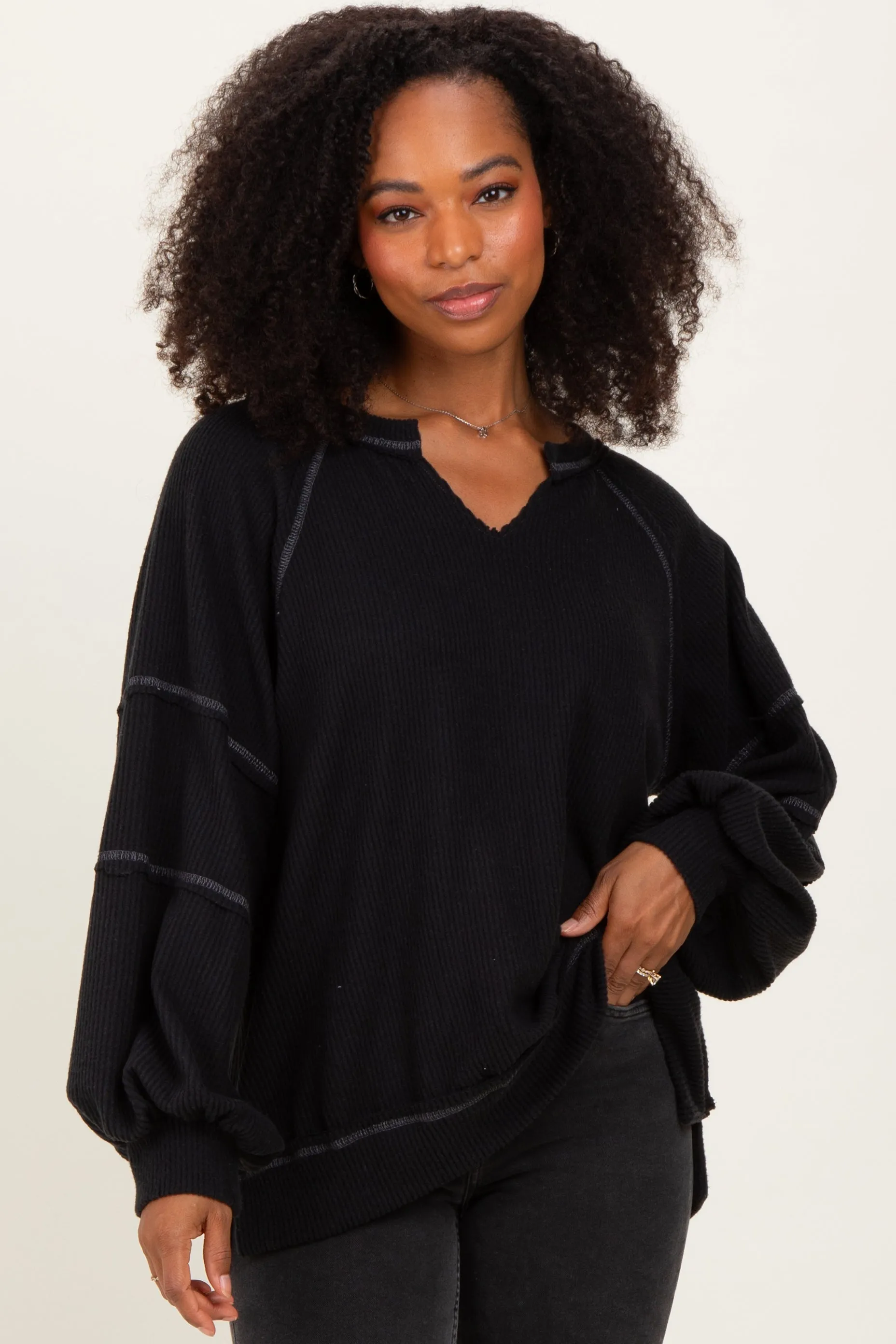 Black Solid Rib Long Sleeve V-Neck Oversized Tunic Top sold by Pinkblush product image thumbnail 2