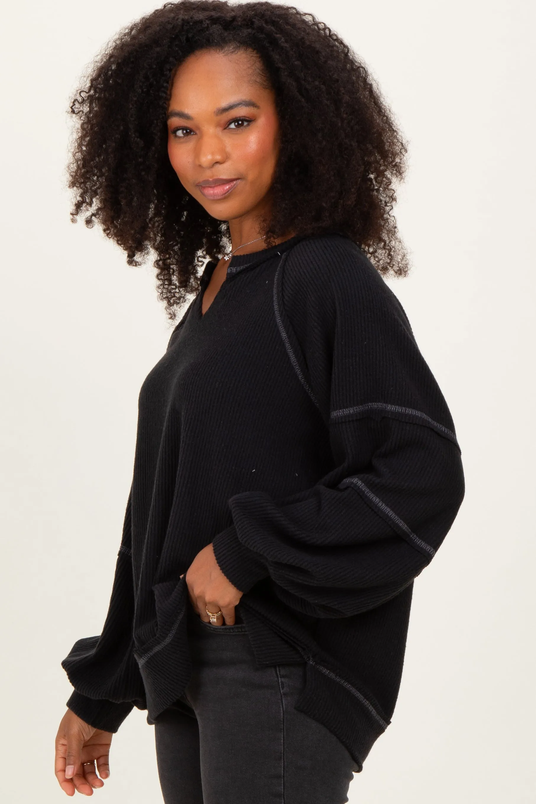 Black Solid Rib Long Sleeve V-Neck Oversized Tunic Top sold by Pinkblush product image thumbnail 3