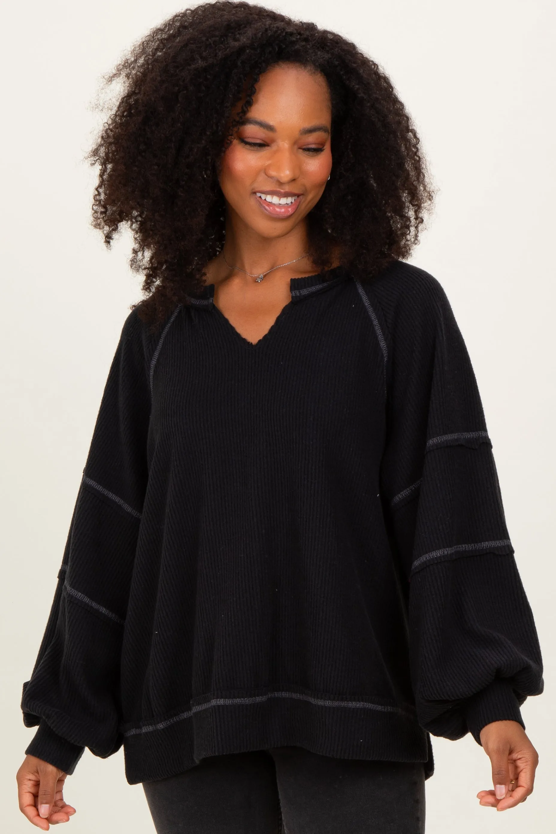 Black Solid Rib Long Sleeve V-Neck Oversized Tunic Top sold by Pinkblush