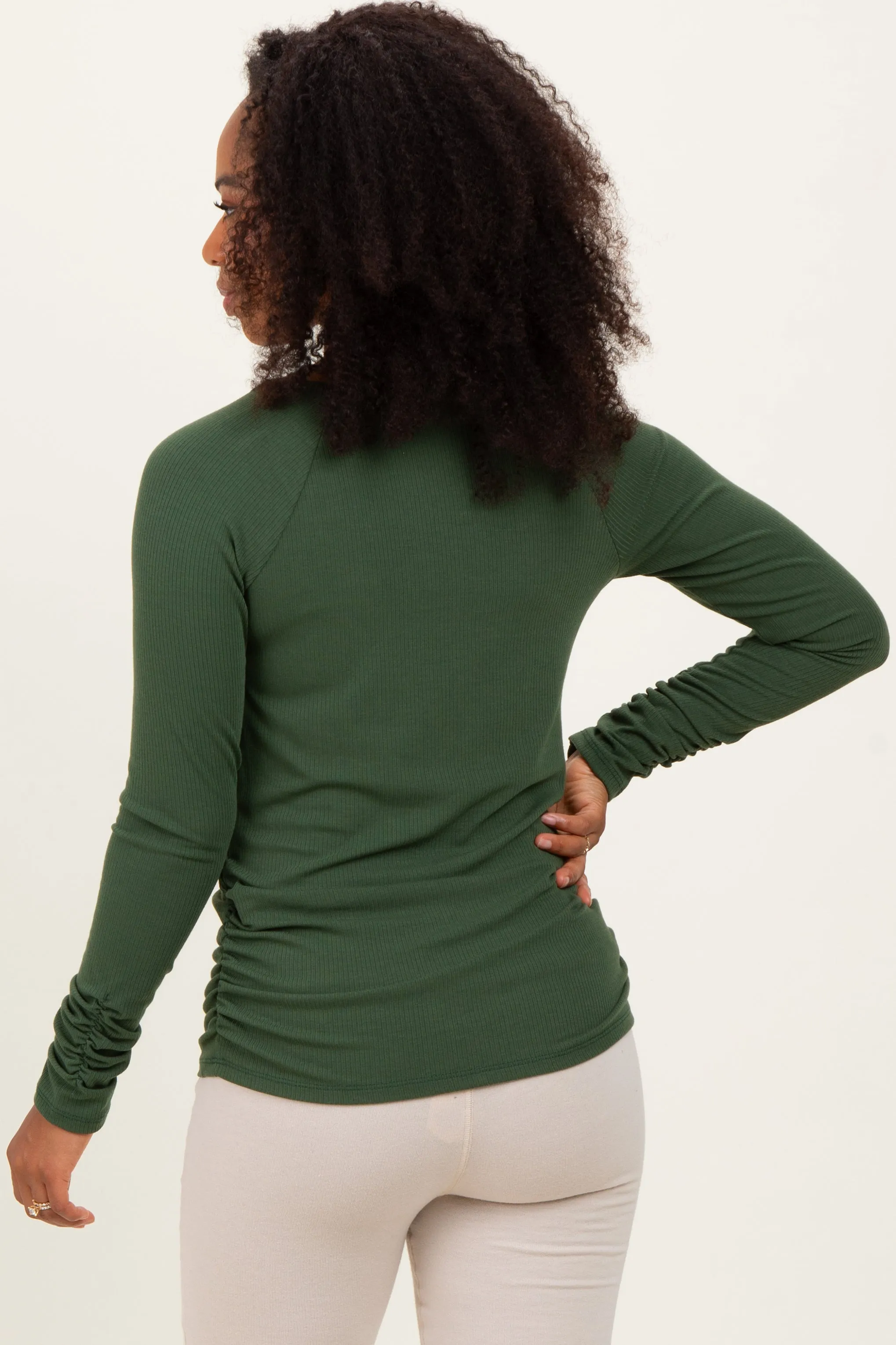 Olive Solid Ribbed Ruched Long Sleeve Top sold by Pinkblush product image thumbnail 4