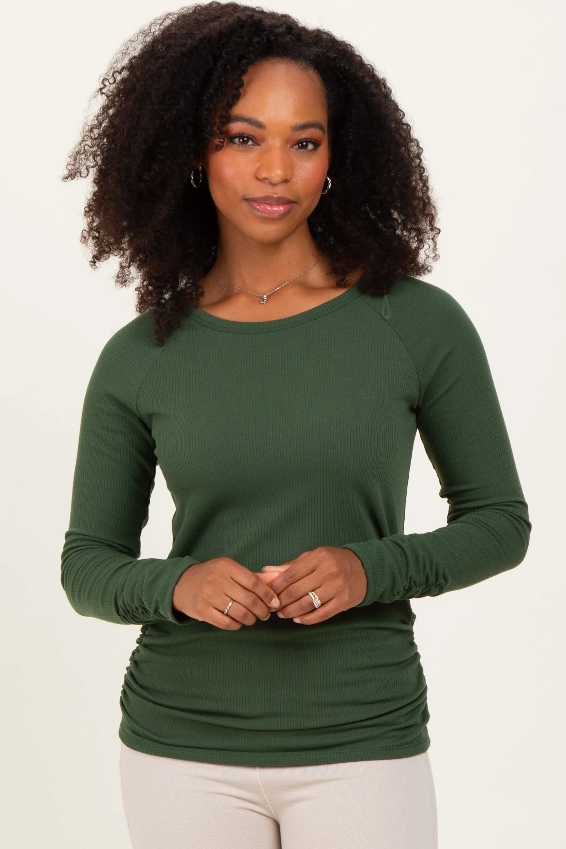 Olive Solid Ribbed Ruched Long Sleeve Top sold by Pinkblush product image thumbnail 2