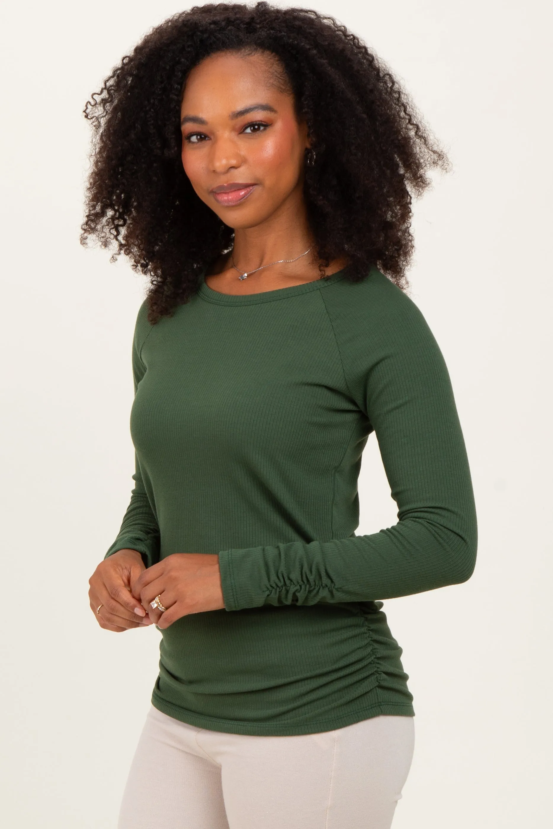 Olive Solid Ribbed Ruched Long Sleeve Top sold by Pinkblush product image thumbnail 3
