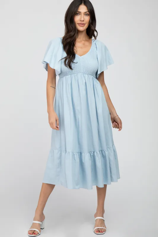 Light Blue Smocked Ruffle Hem Midi Dress sold by Pinkblush