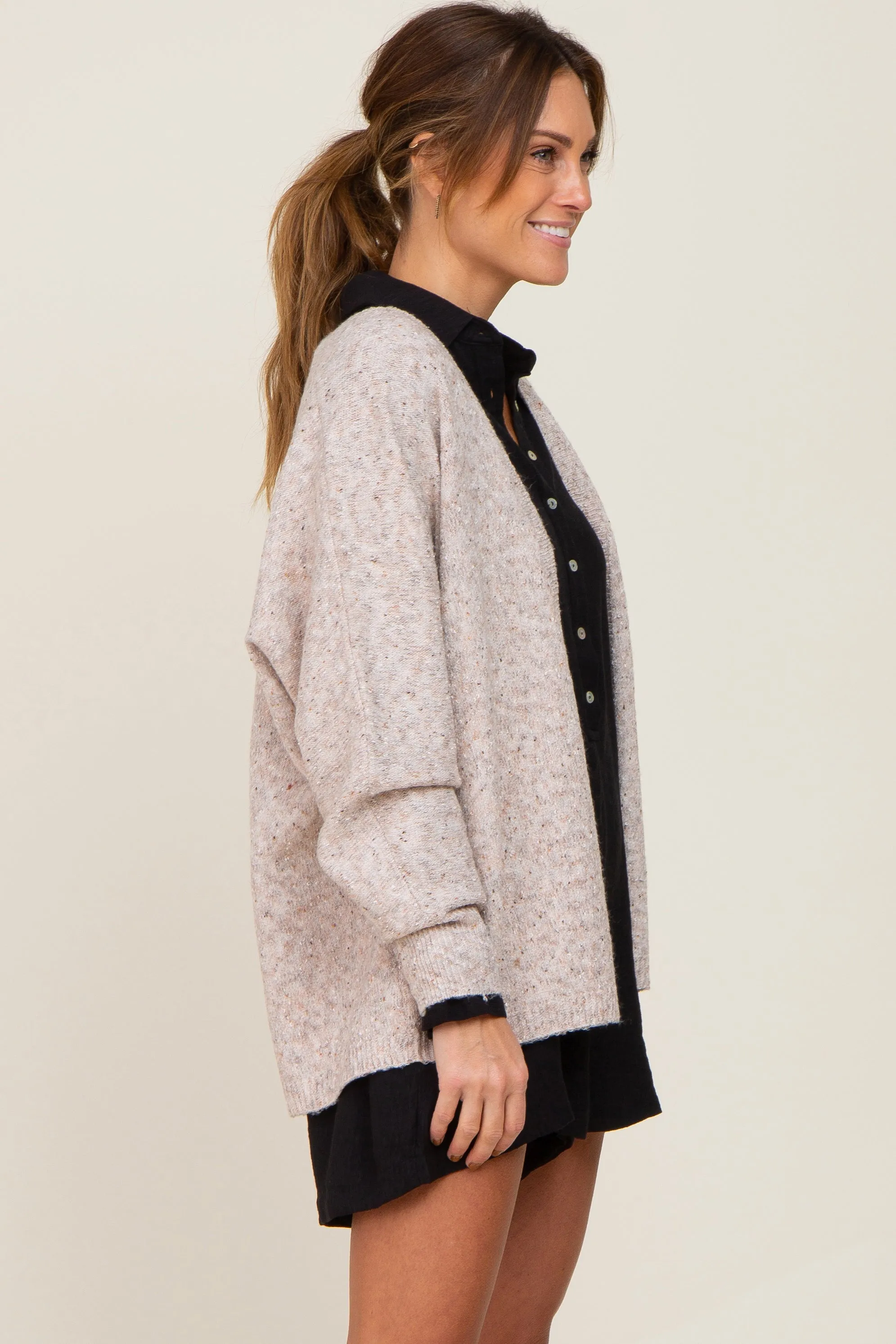 Beige Speckled Knit Open Front Cardigan sold by Pinkblush product image thumbnail 2
